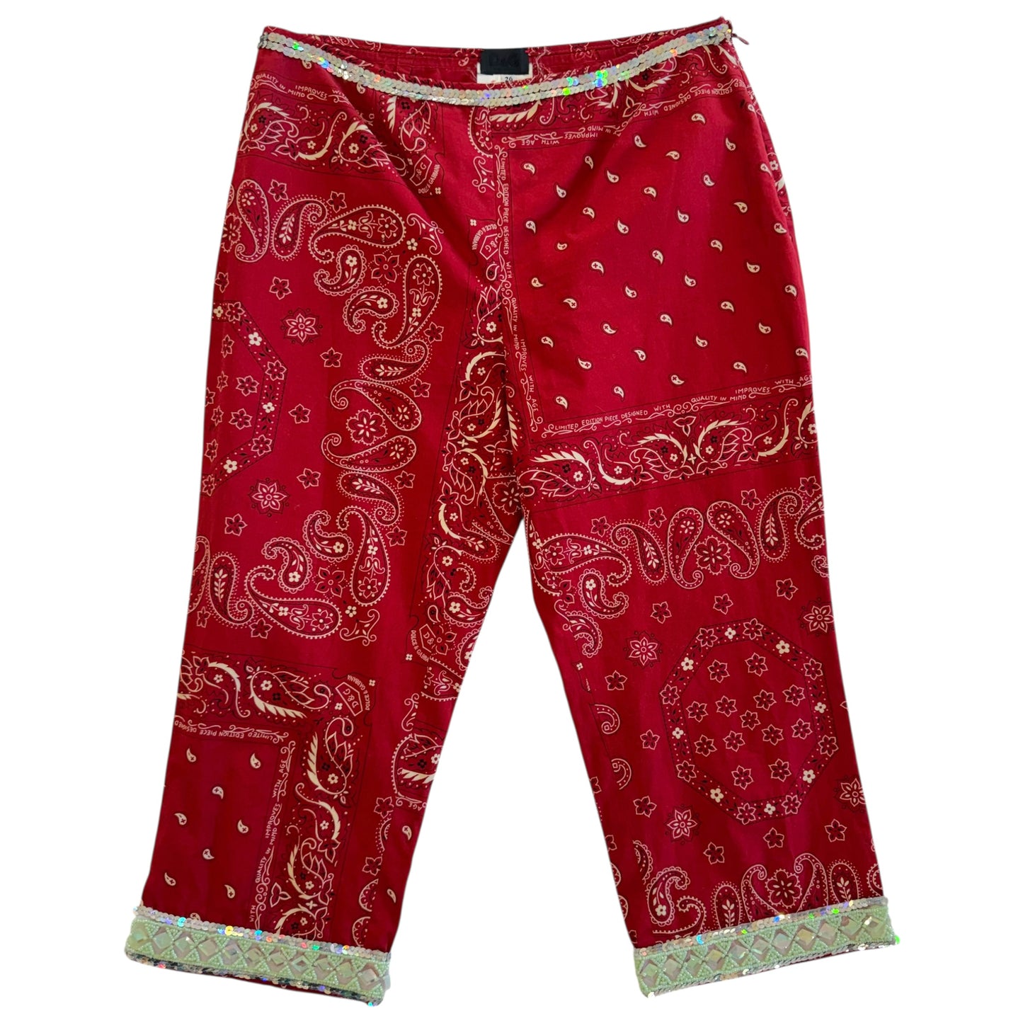 D&G Dolce & Gabbana Red Bandana Print Sequin Capri Pants