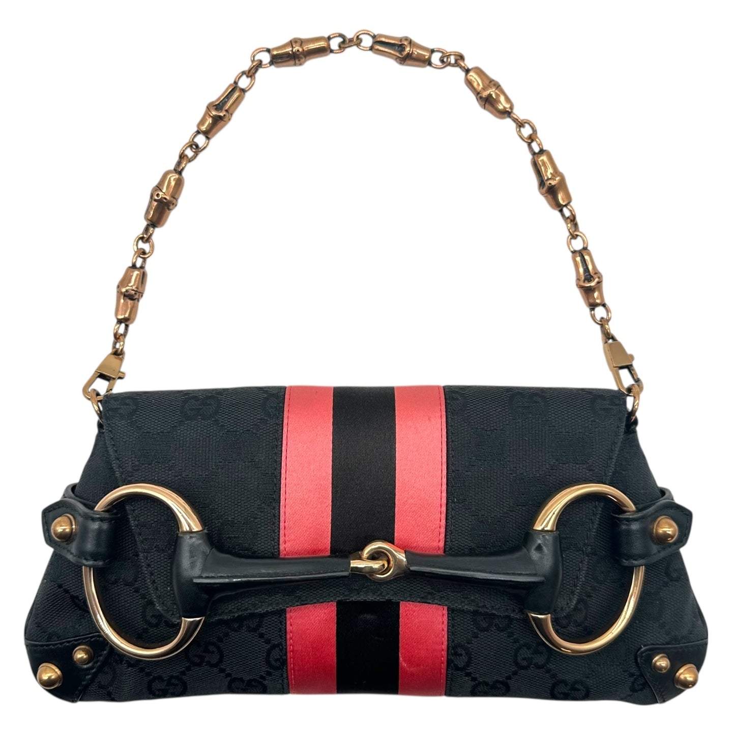 Gucci by Tom Ford 2004 Black Monogram & Pink Silk Horsebit Bag RARE