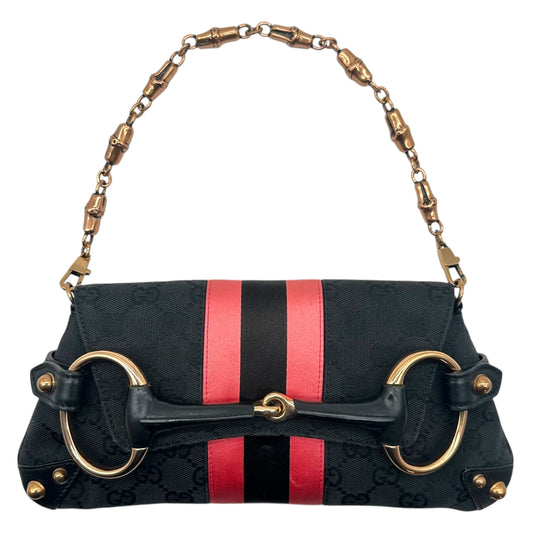 Gucci by Tom Ford 2004 Black Monogram & Pink Silk Horsebit Bag RARE