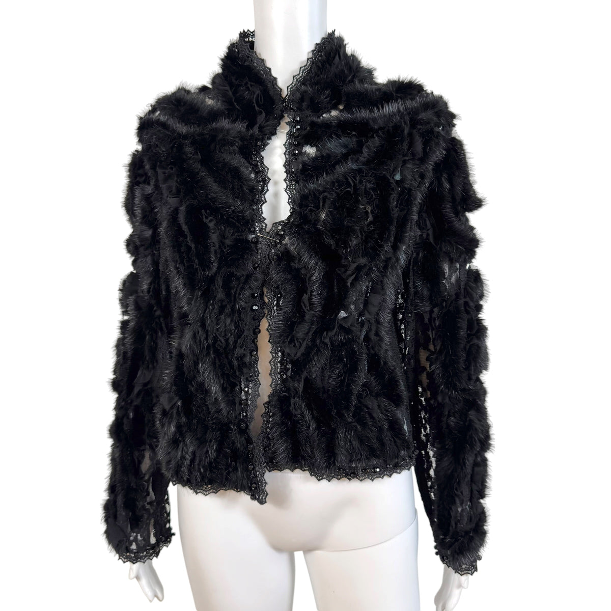 Beaded Black Lace Mink Fur Jacket 1990s Vintage Medium