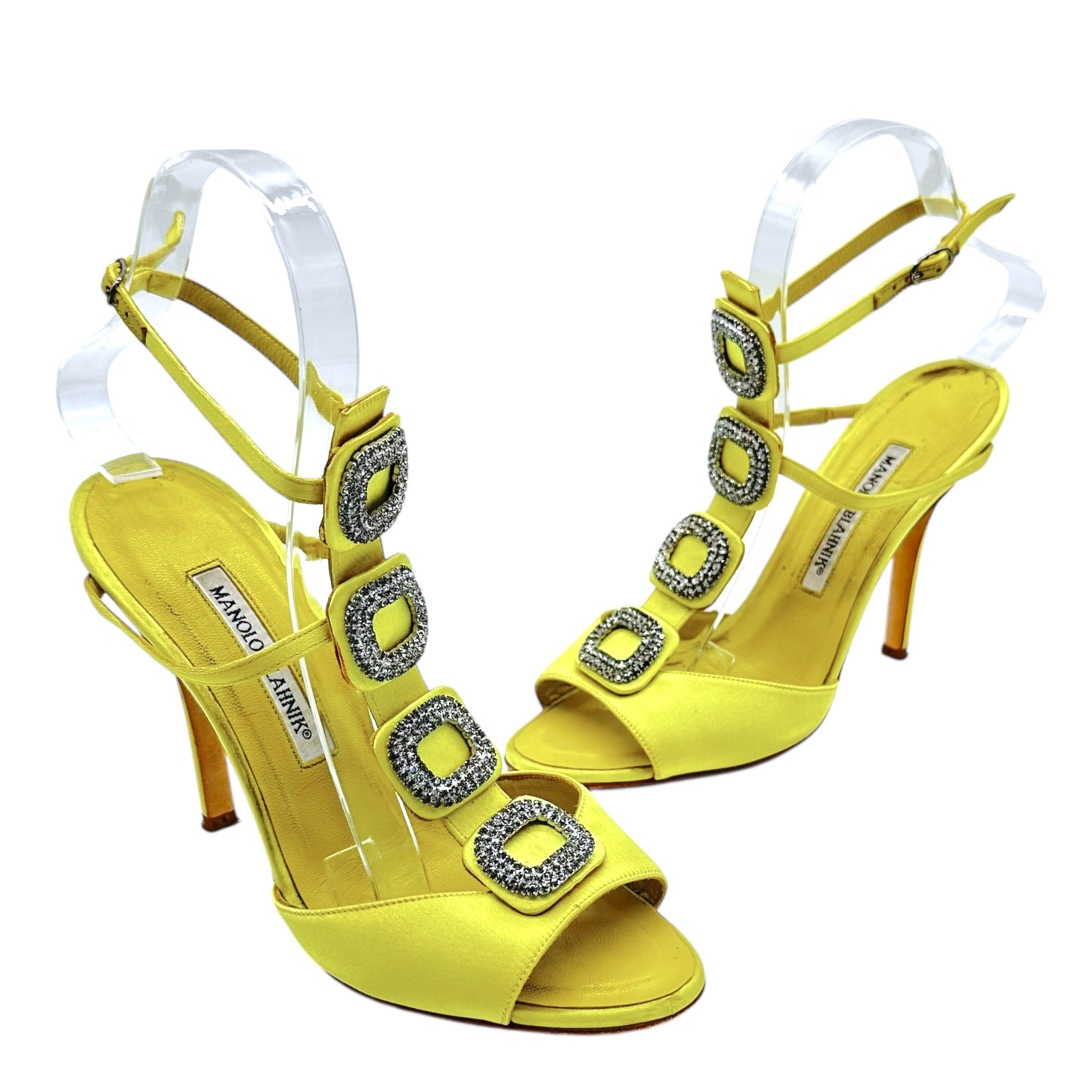Manolo Blahnik Chartreuse Silk Crystal Embellished Heels