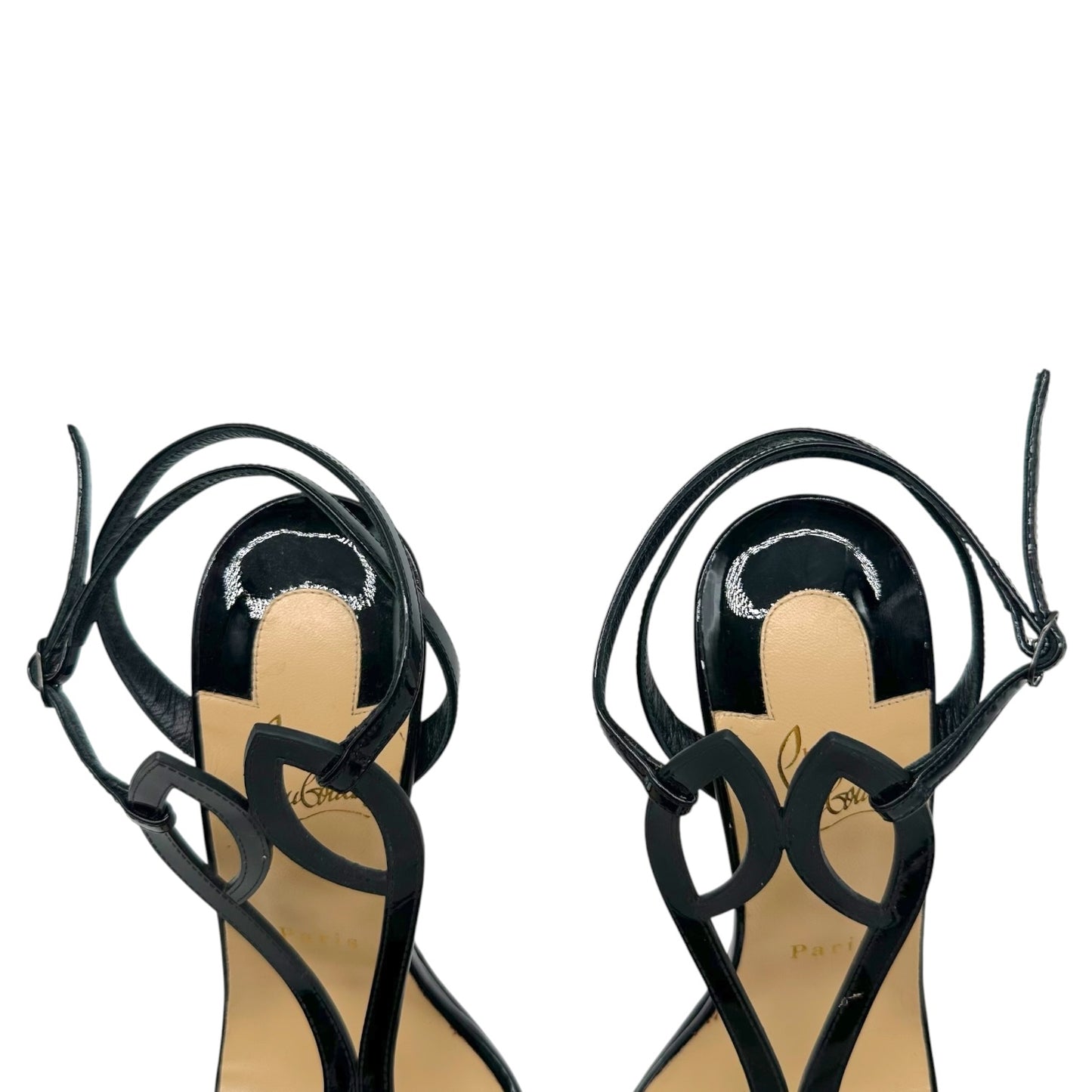Christian Louboutin 'Double L' Black Strappy Patent Leather Sandal Stilettos