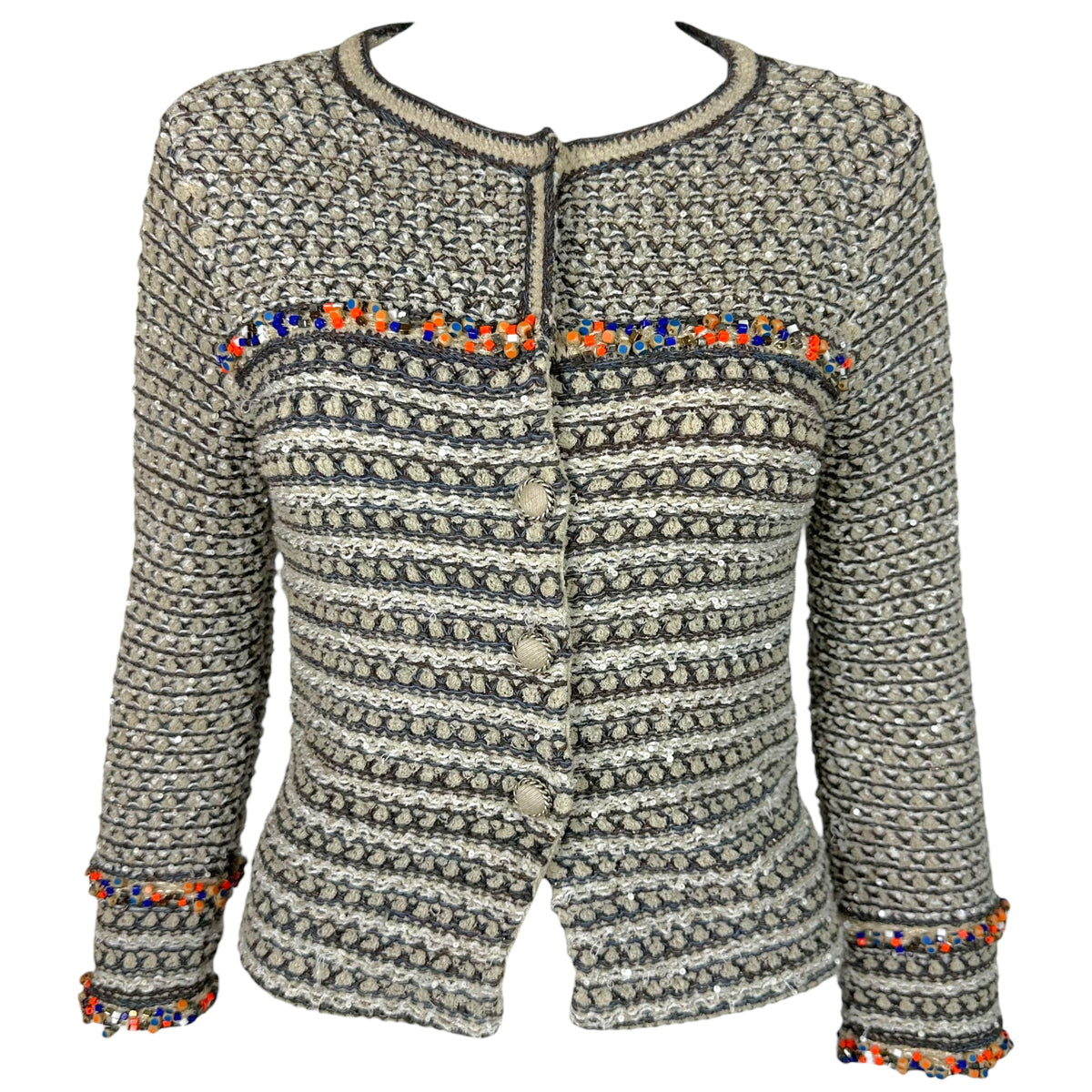 Chanel Taupe Tweed Sequin Knit Crop Cardigan