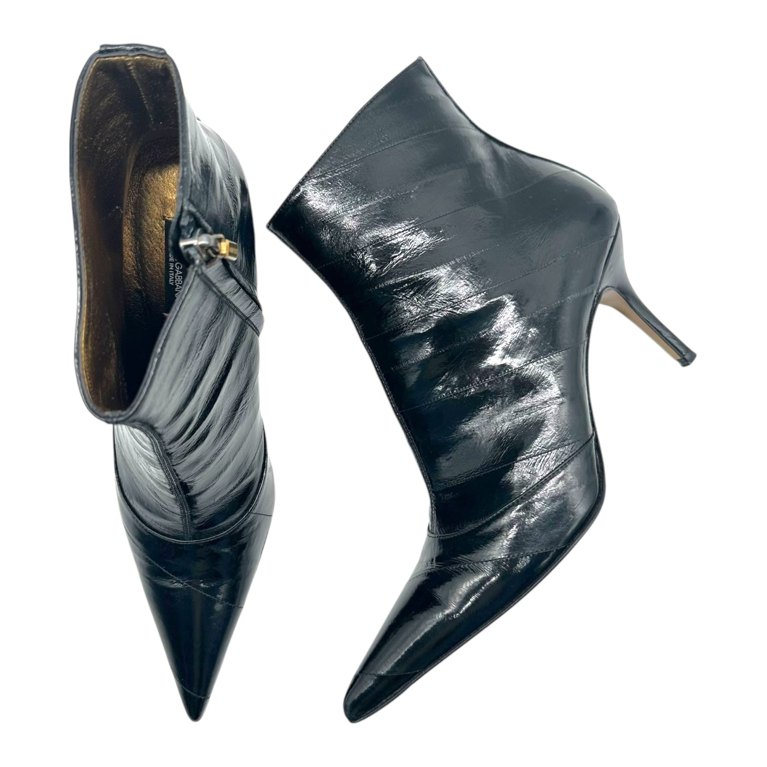 Dolce & Gabbana Black Eel Leather Pointed Toe Heeled Ankle Boots - Outfit Repeater
