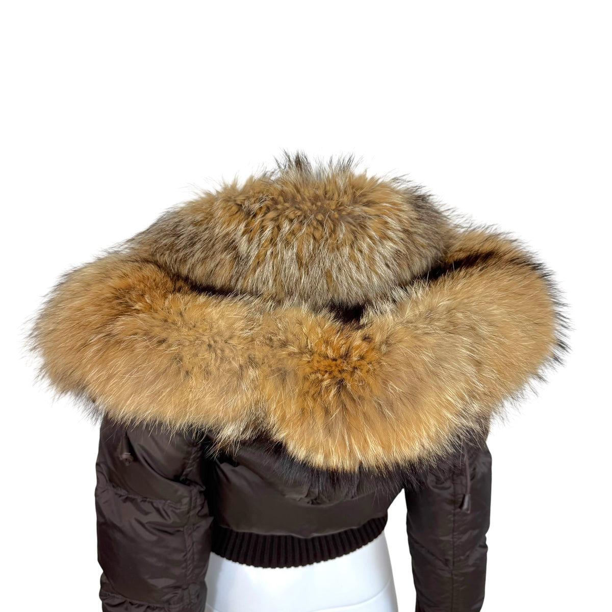 Dsquared2 Brown Fox Fur Trim Hood Cropped Down Fill Puffer Coat