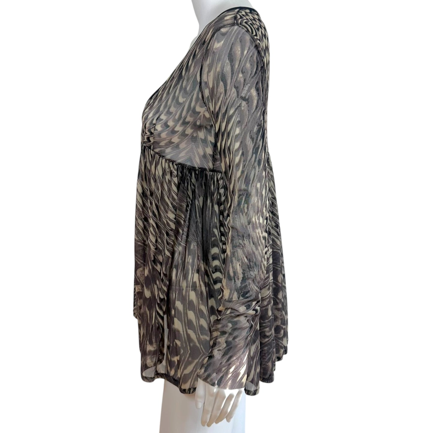 Jean Paul Gaultier Black & Gray Swirl Print Mesh Babydoll Cardigan Top