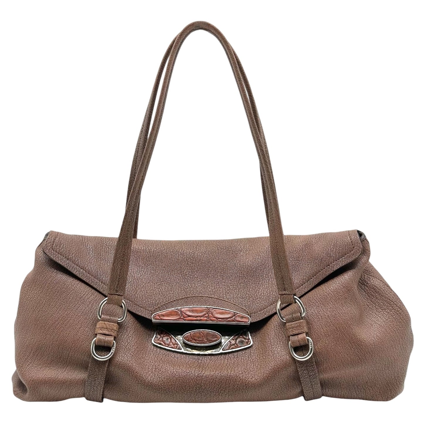 Prada Mauve Etched Metal & Croc Buckle East-West Leather Shoulder Bag