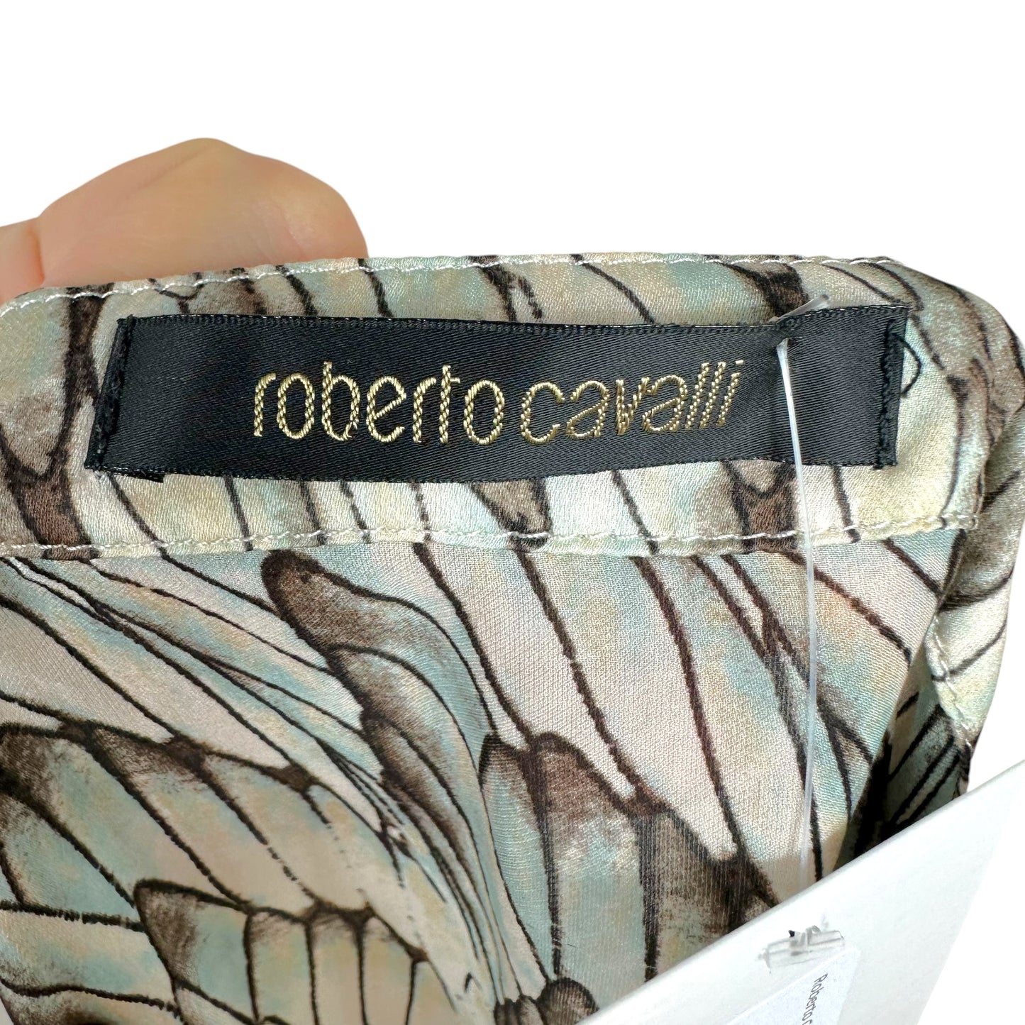 Roberto Cavalli 2006 Blue & Brown Feather Print Silk Peasant Blouse
