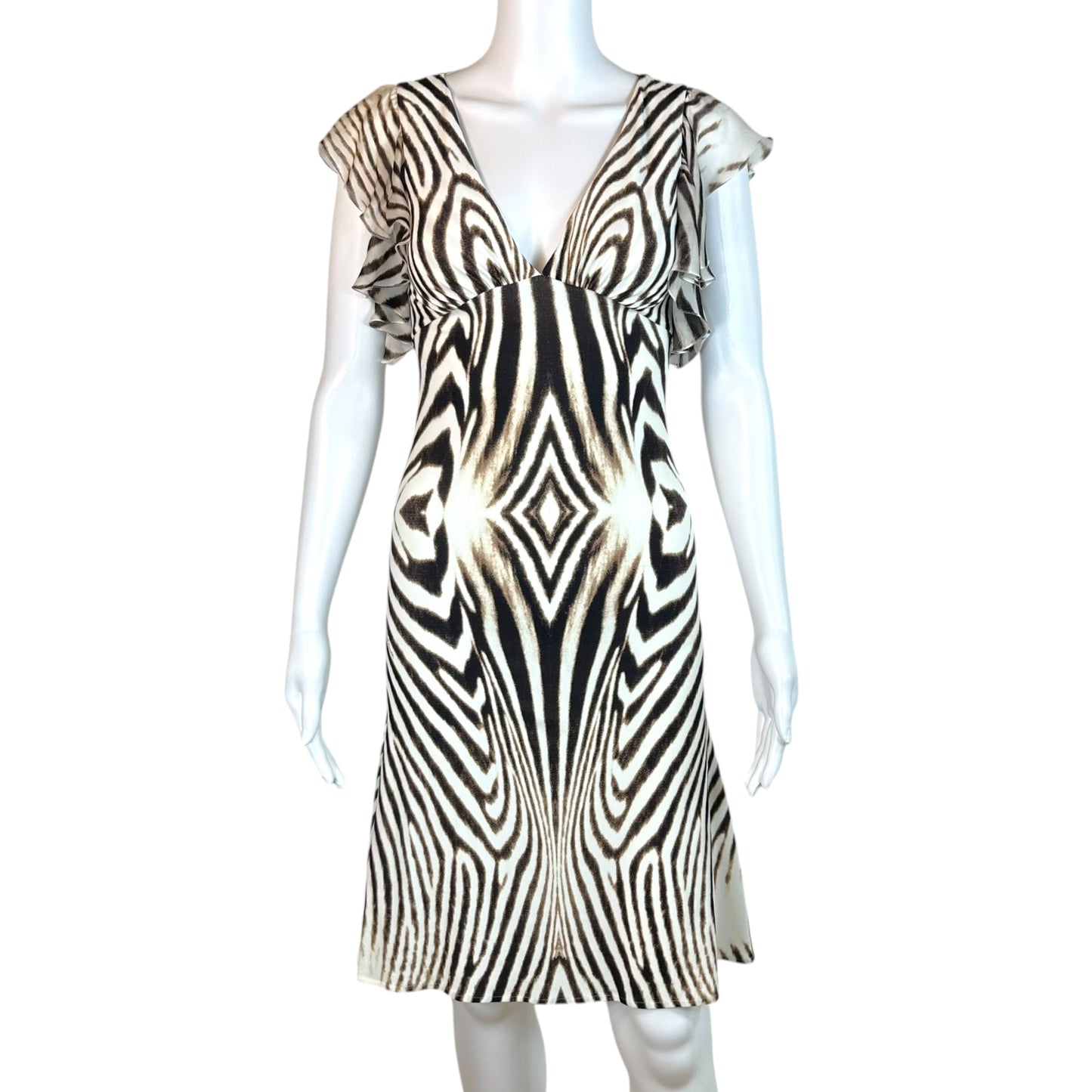 Roberto Cavalli Mini Dress White Brown Zebra Print Ruffle