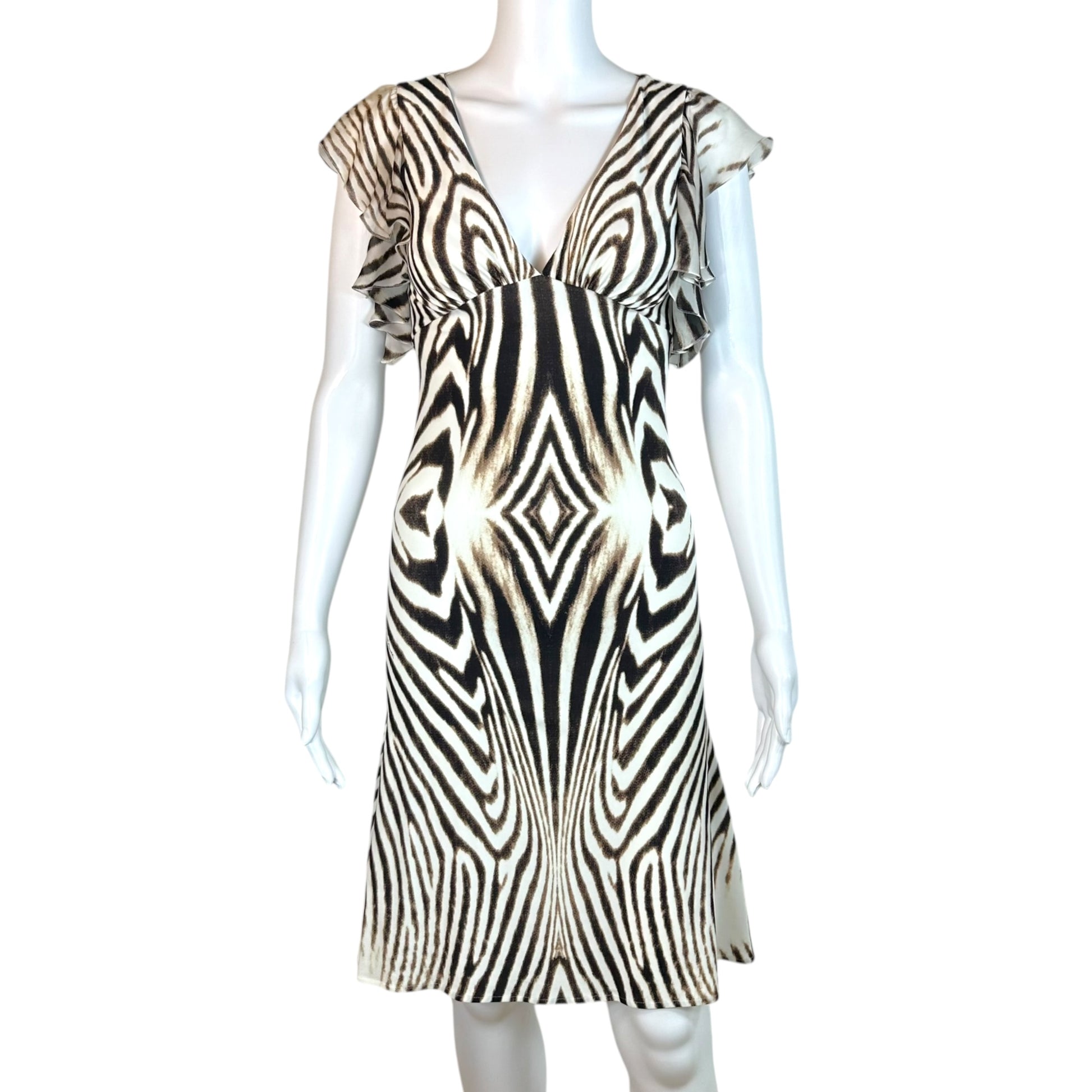 Roberto Cavalli Mini Dress White Brown Zebra Print Ruffle