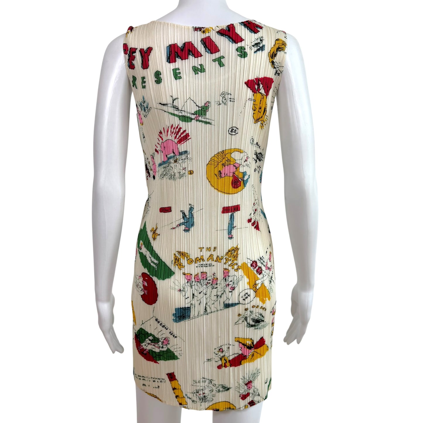 Issey Miyake Pleats Please x Terry Johnson White Multicolor Doodle Print Pleated Mini Dress Sz 4
