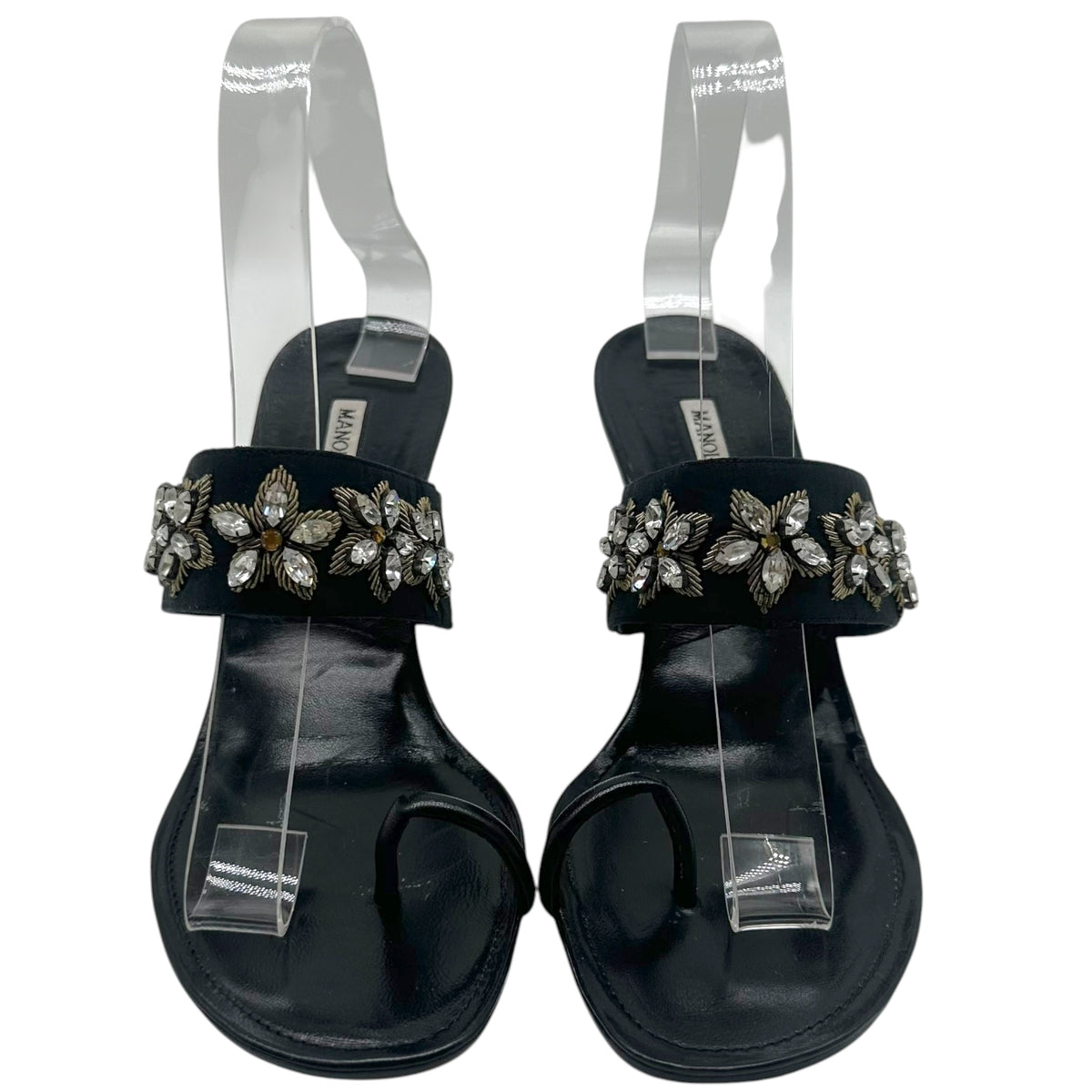Manolo Blahnik Black Beaded Strap Kitten Heel Sandals