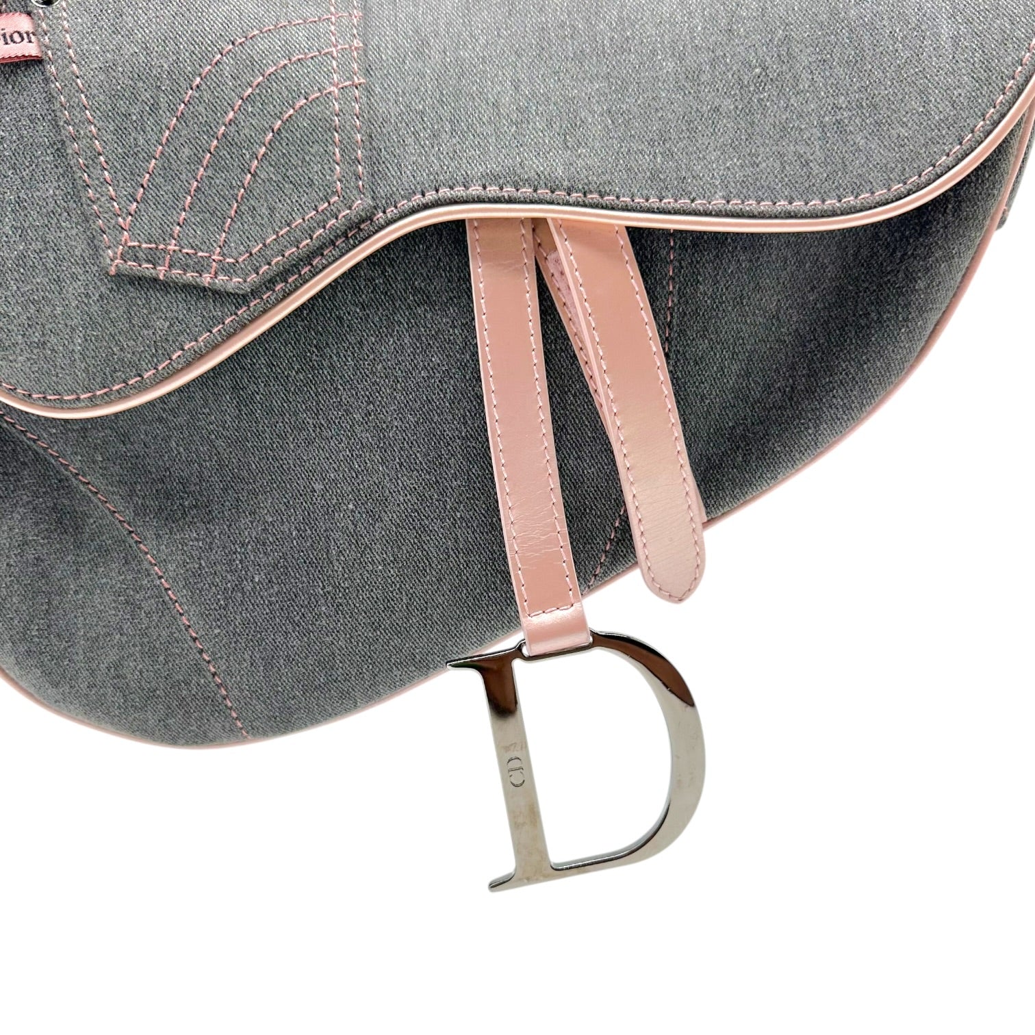 Christian Dior Saddle Shoulder Bag Gray Denim Pink Leather