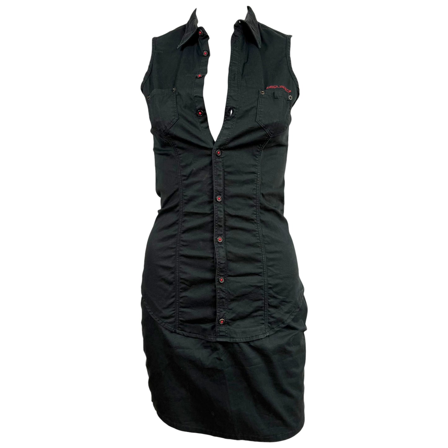 Dsquared2 Black Button Up Sleeveless Logo Embroidered Midi Dress