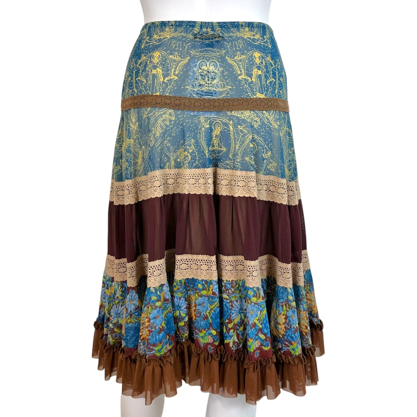 Jean Paul Gaultier Tiered Multi-Print Mesh Midi Skirt