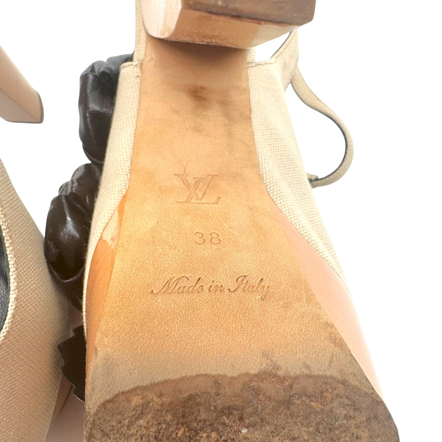 Louis Vuitton Beige Canvas & Black Leather Wooden Platform Heeled Sandals