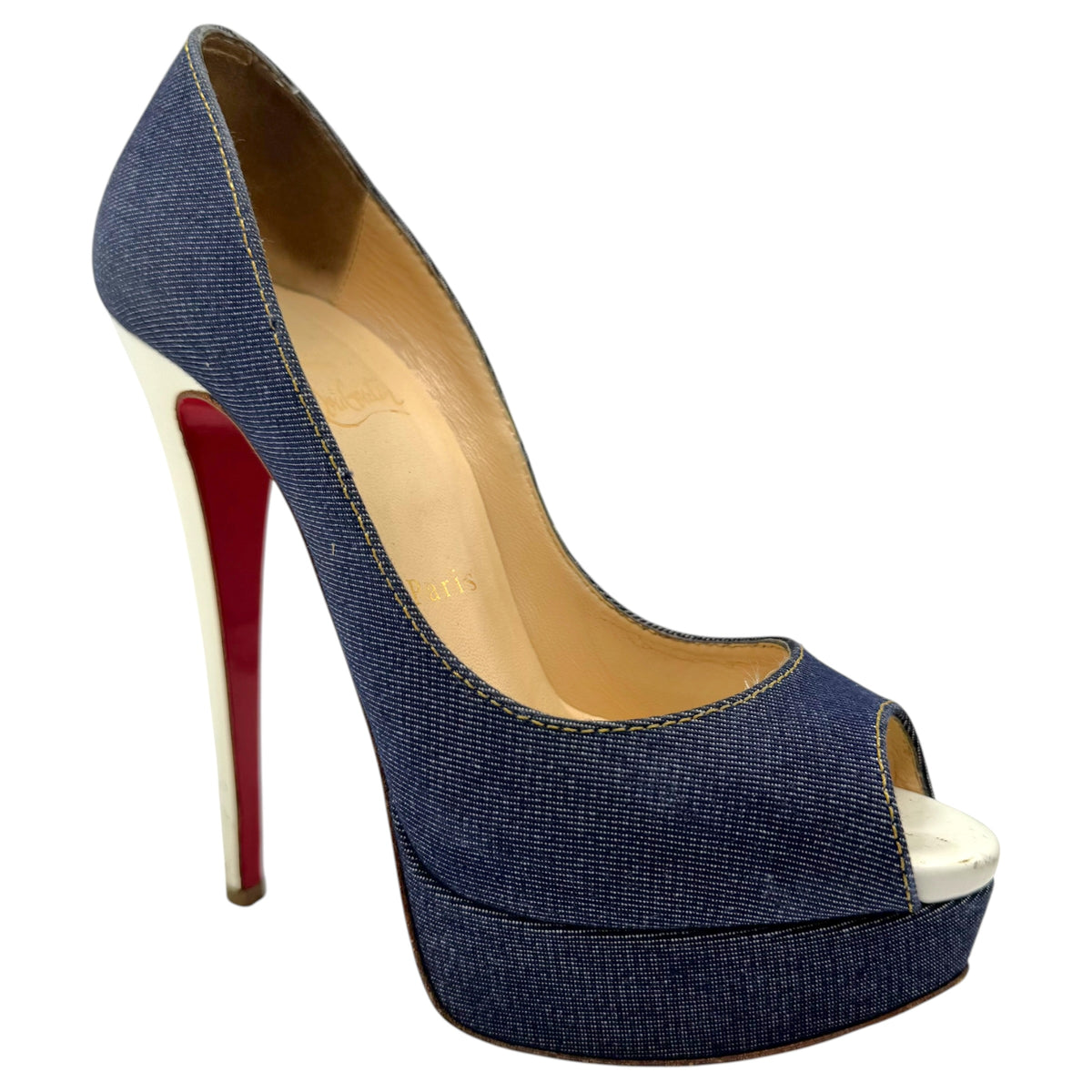 Christian Louboutin Denim & White Leather Peep Toe Platform Pumps