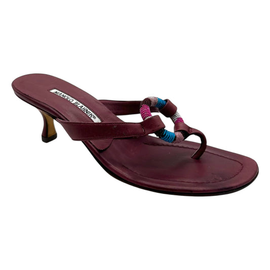 Manolo Blahnik Burgundy Beaded Flip Flop Kitten Heels