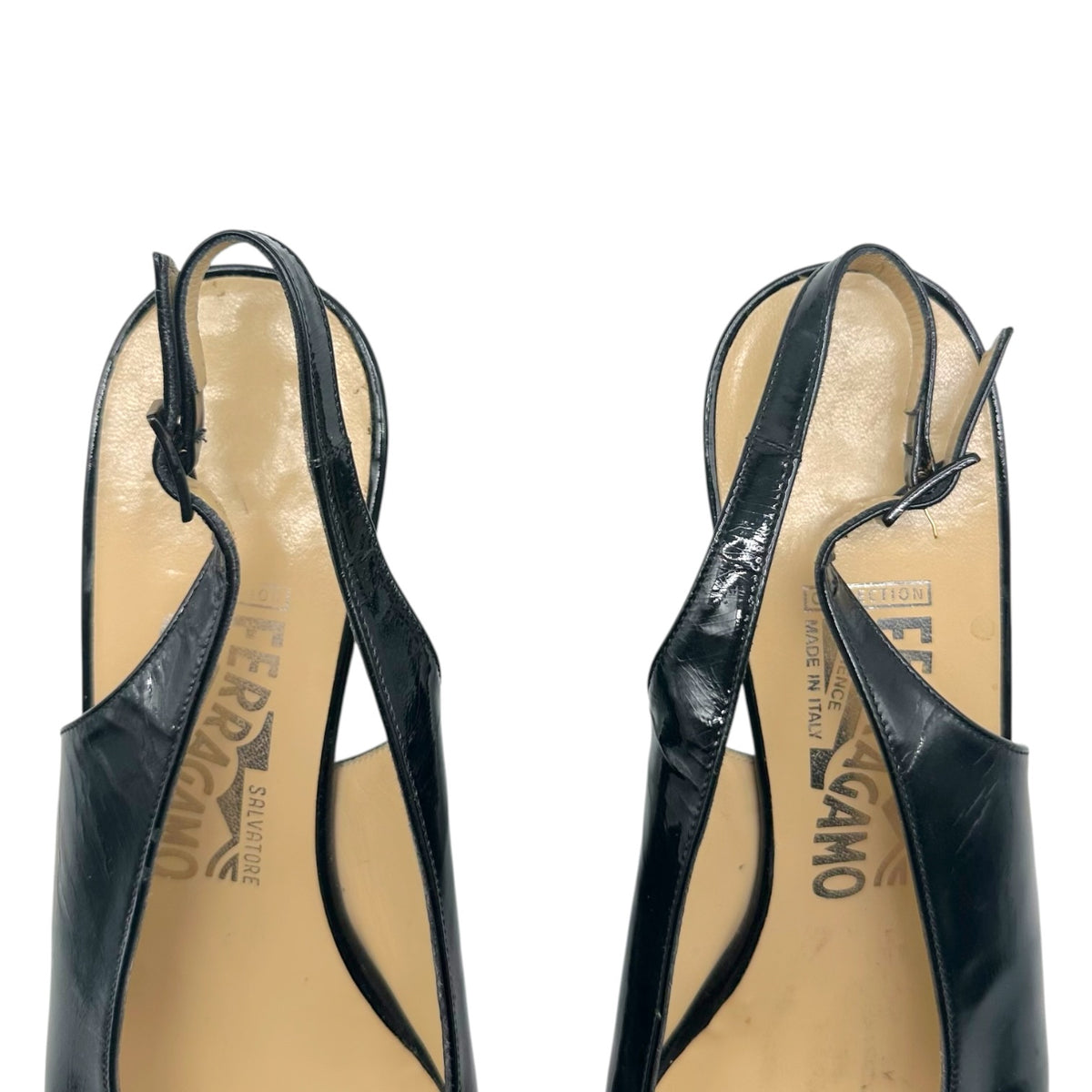 Salvatore Ferragamo Black Patent & Silver Kitten Heel Slingback Sandals