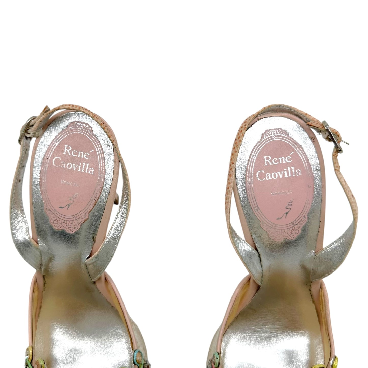 Rene Caovilla Slingback Heels Multicolor Crystal Beige Lace