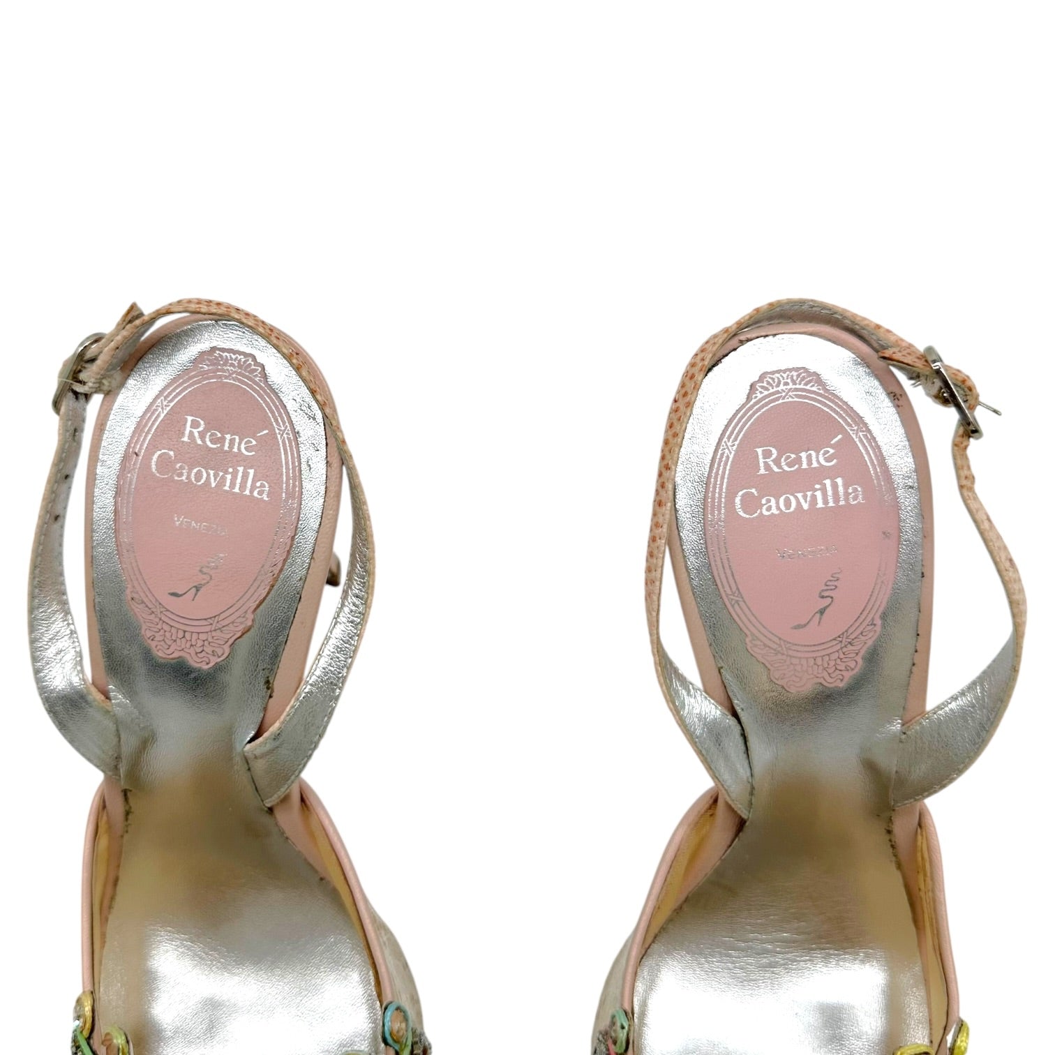 Rene Caovilla Slingback Heels Multicolor Crystal Beige Lace