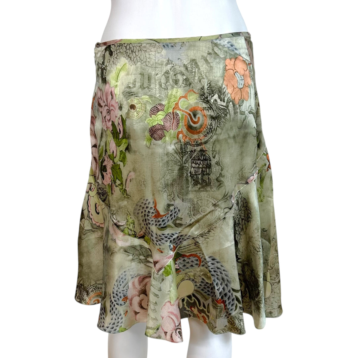 Galliano Silk Midi Skirt Light Green Floral Print