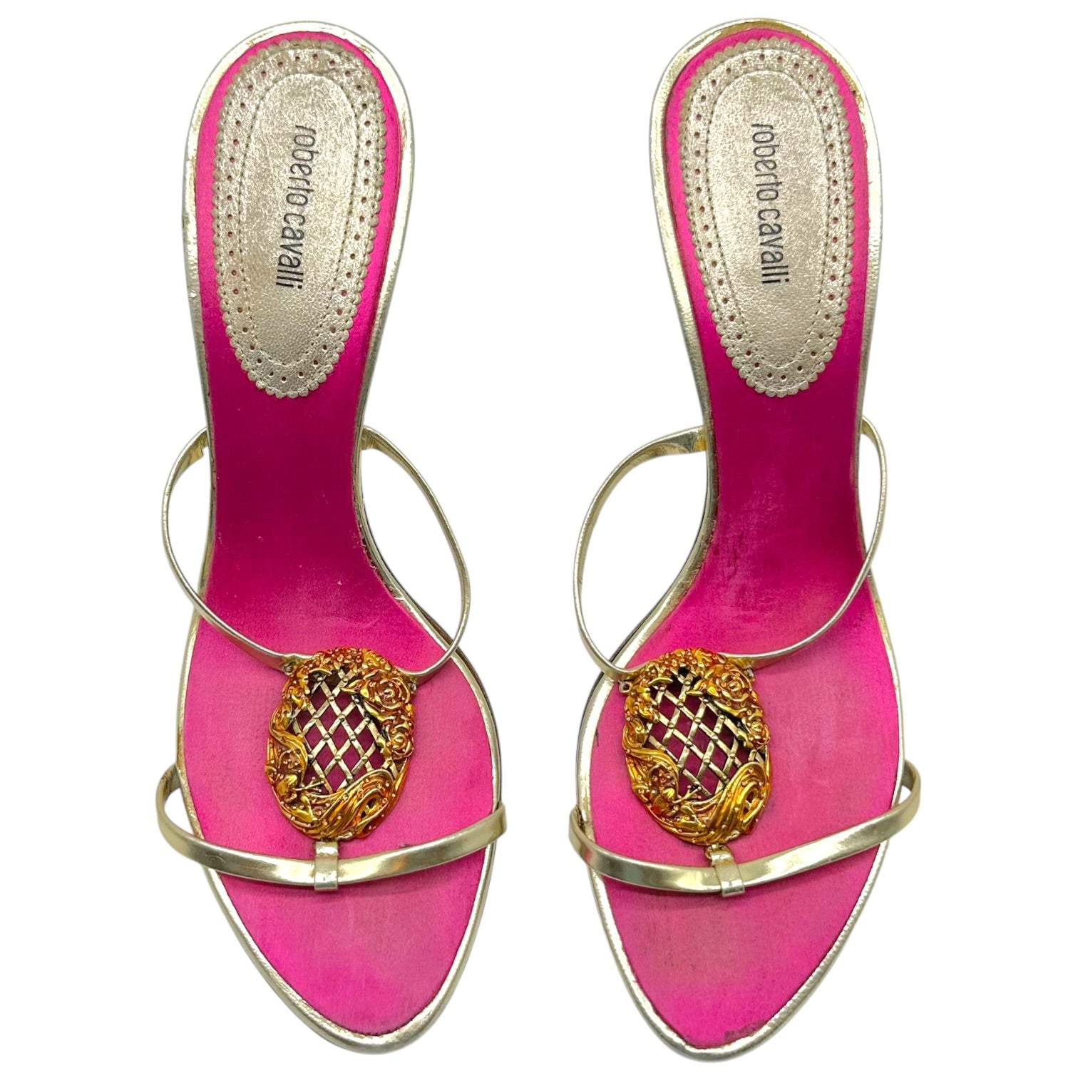 Roberto Cavalli Strappy Heeled Sandals Gold Pink Rose