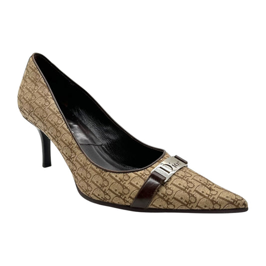 Christian Dior Tan Monogram Logo Plate Pointed Toe Heels