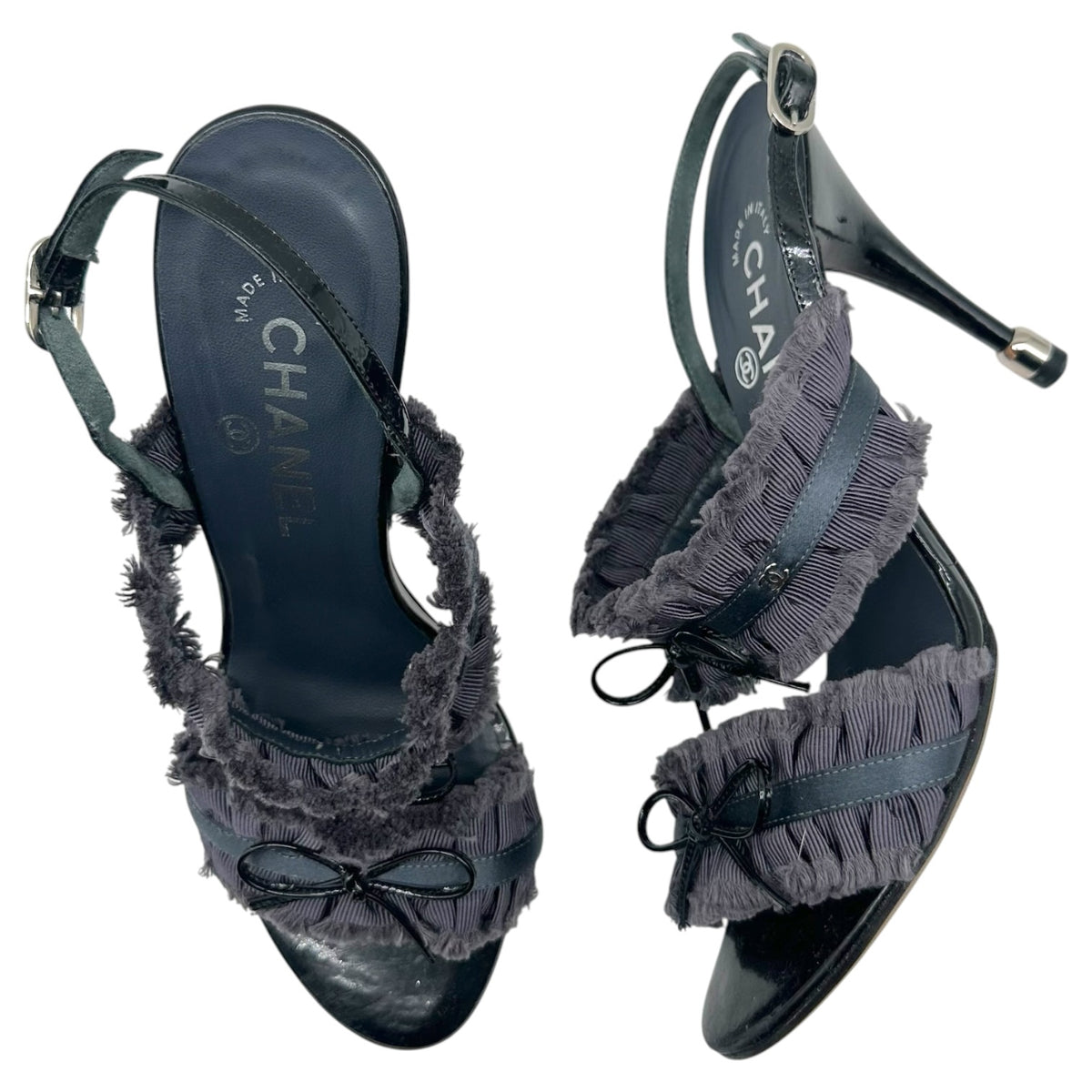 Chanel Dark Gray Ruffle & Bow Sandal Heels