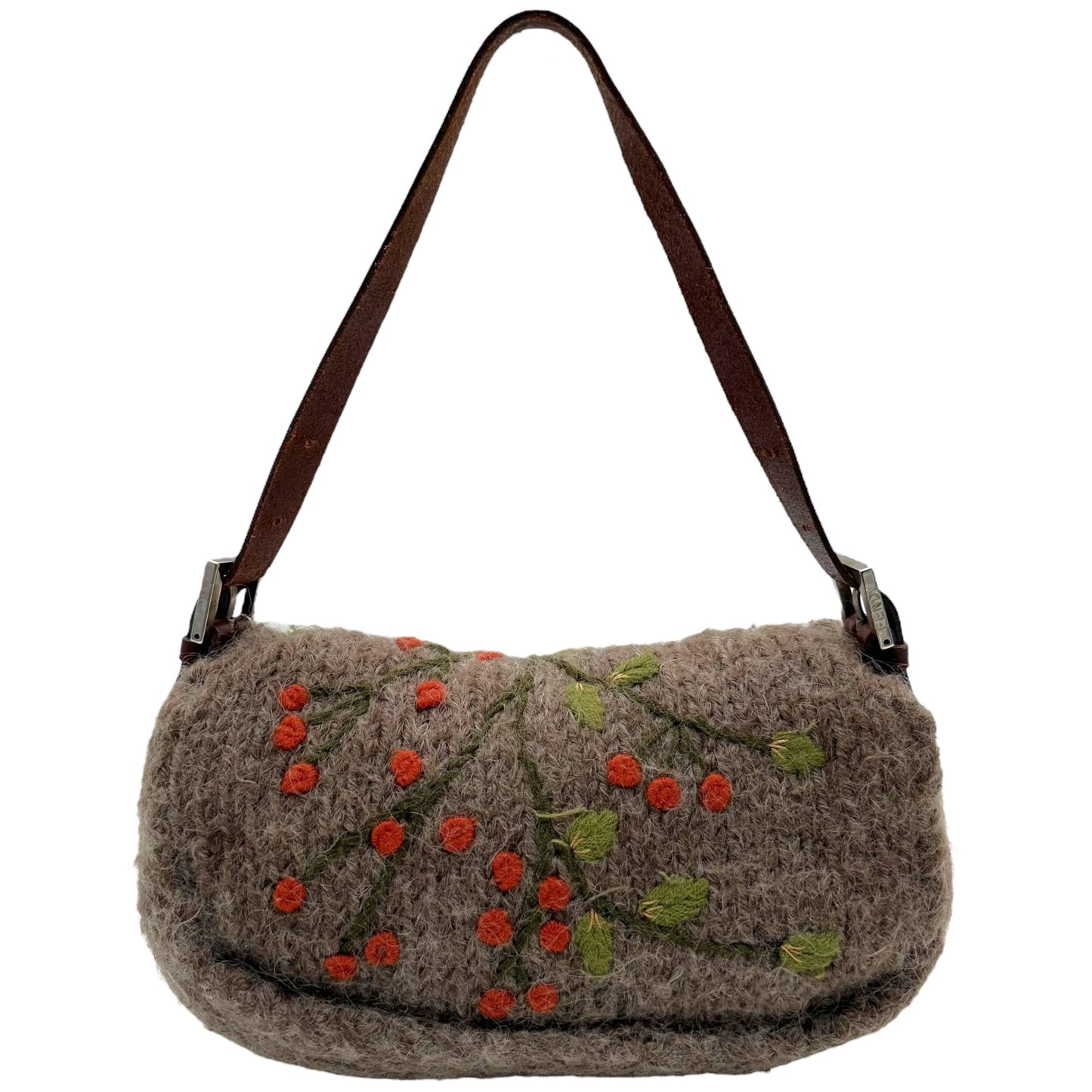 Fendi Gray Wool Cherry Embroidered Baguette Bag RARE