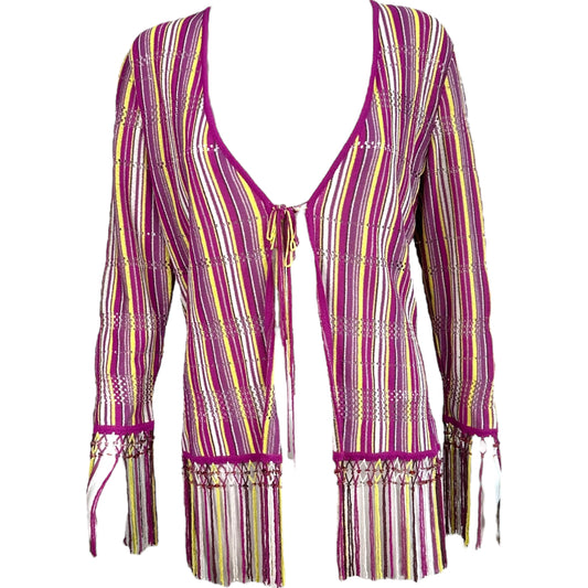 Escada Pink & Yellow Striped Beaded Fringe Cardigan