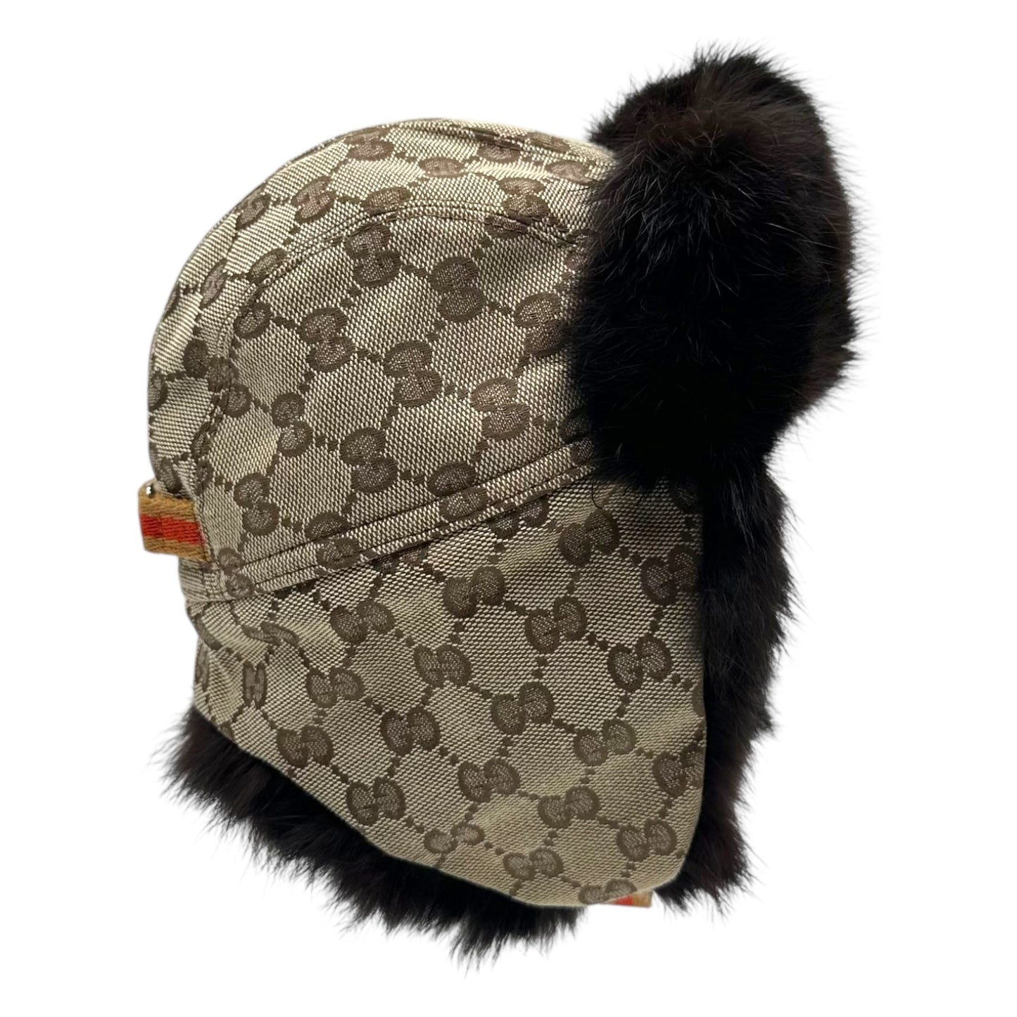 Gucci Tan Monogram & Rabbit Fur Trapper Hat KIDS
