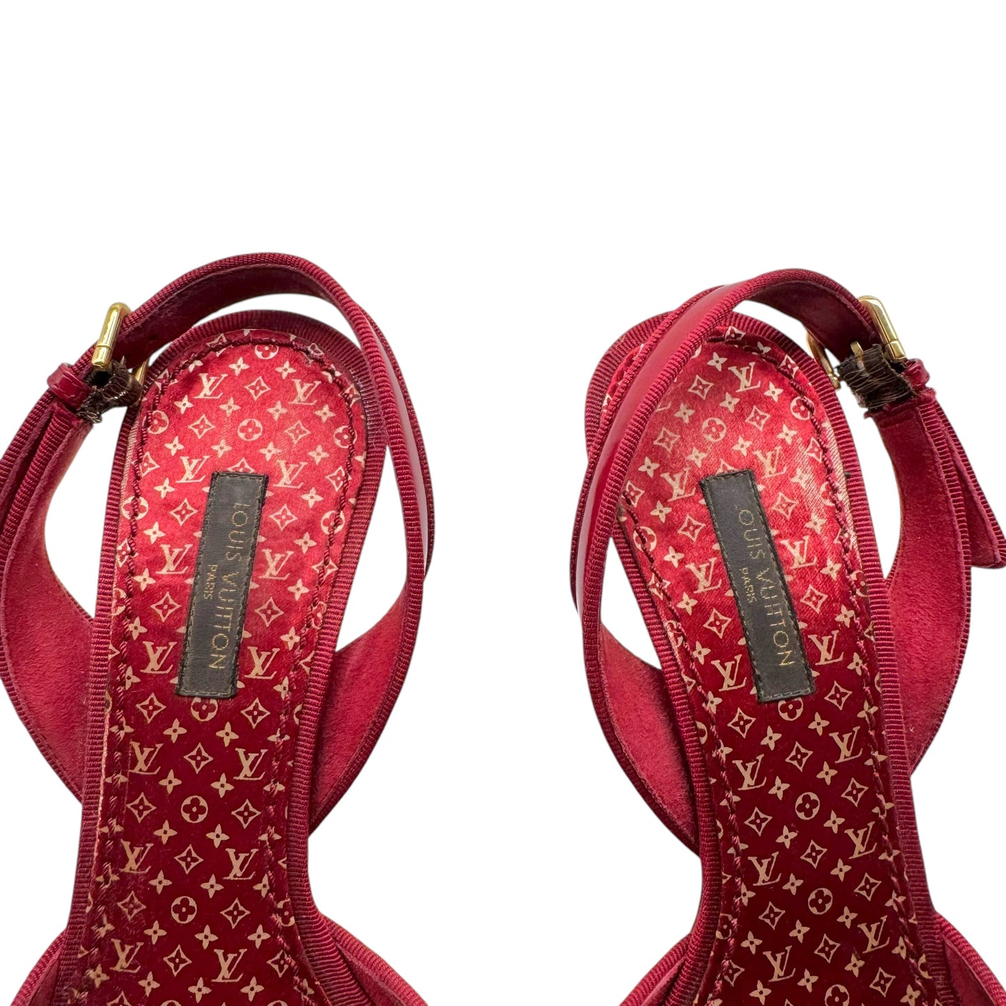 Louis Vuitton Red & White Gingham Silk & Crock Slingback Sandal Heels