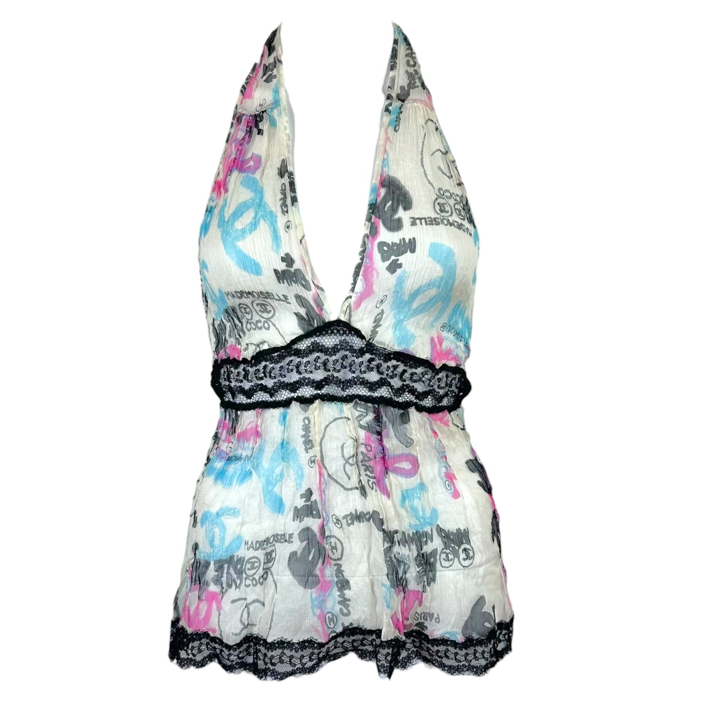 Chanel Cruise 2007 Sheer Silk Graffiti Print Silk & Lace Halter Top