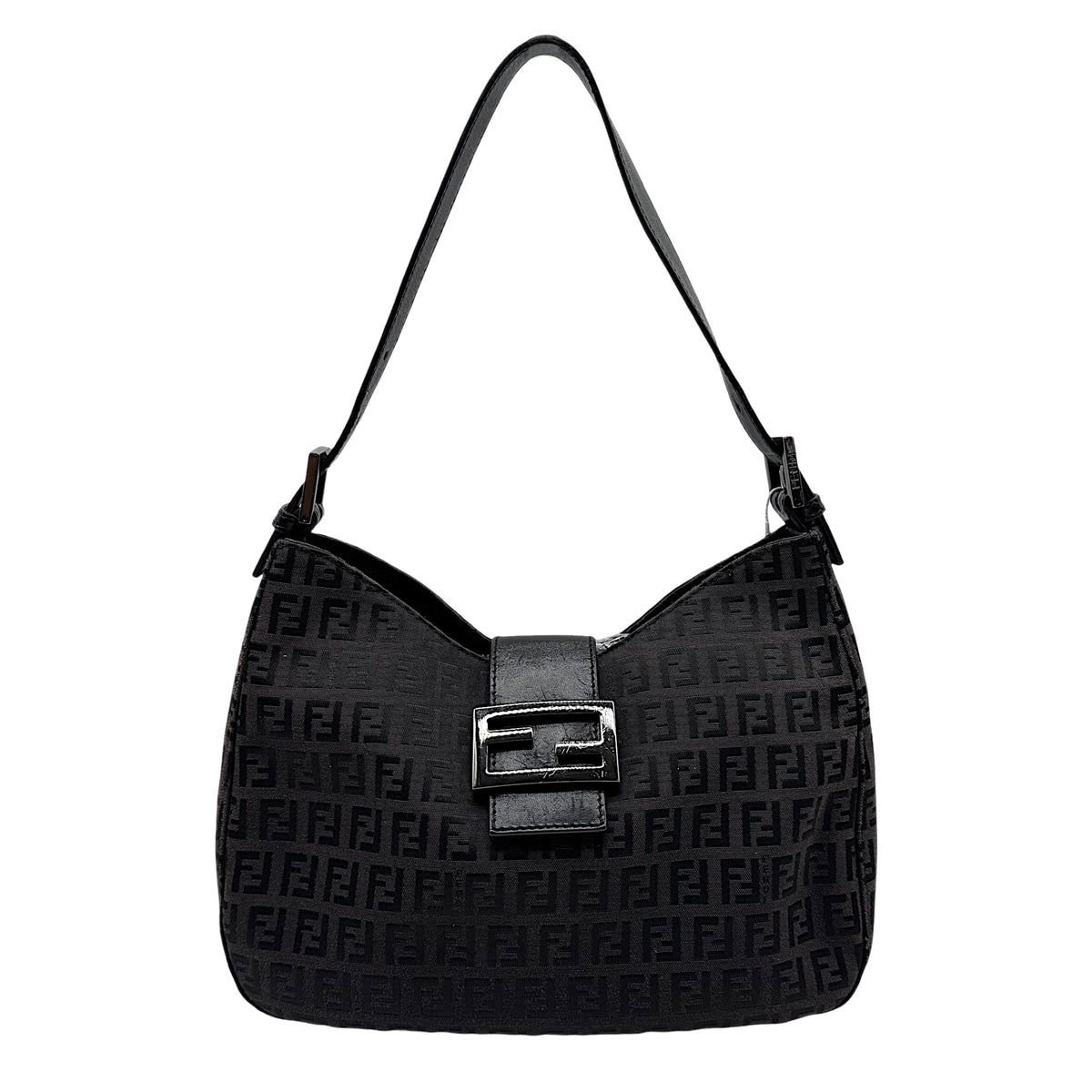 Fendi Black Zucchino Monogram Shoulder Baguette Bag