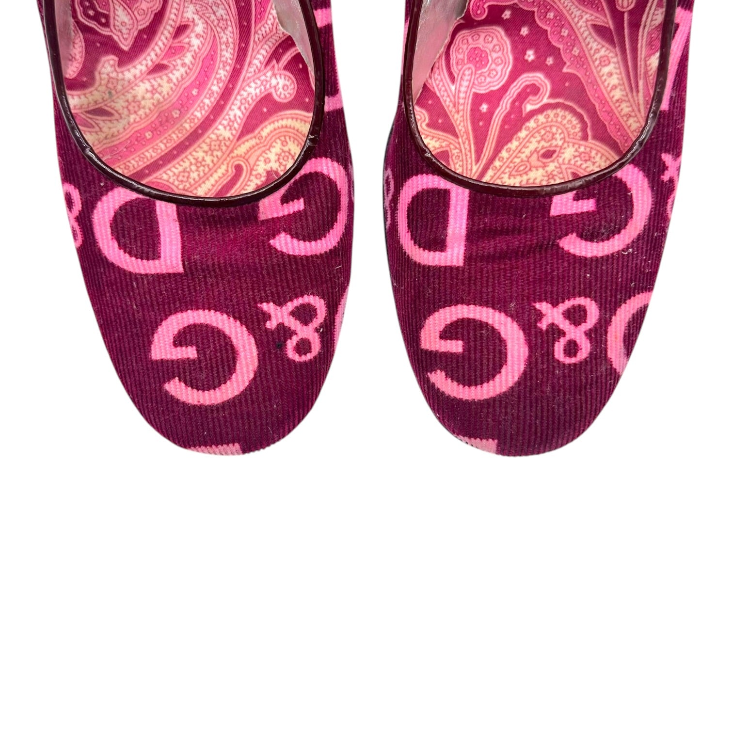 D&G Pink Purple Logo Print Corduroy Heels