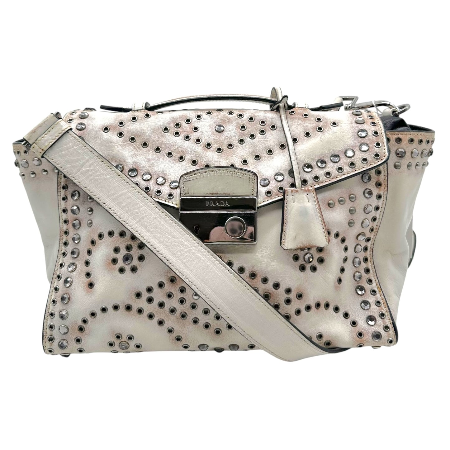 Prada White Leather Studded & Rhinestone Embellished 2-Way Bag