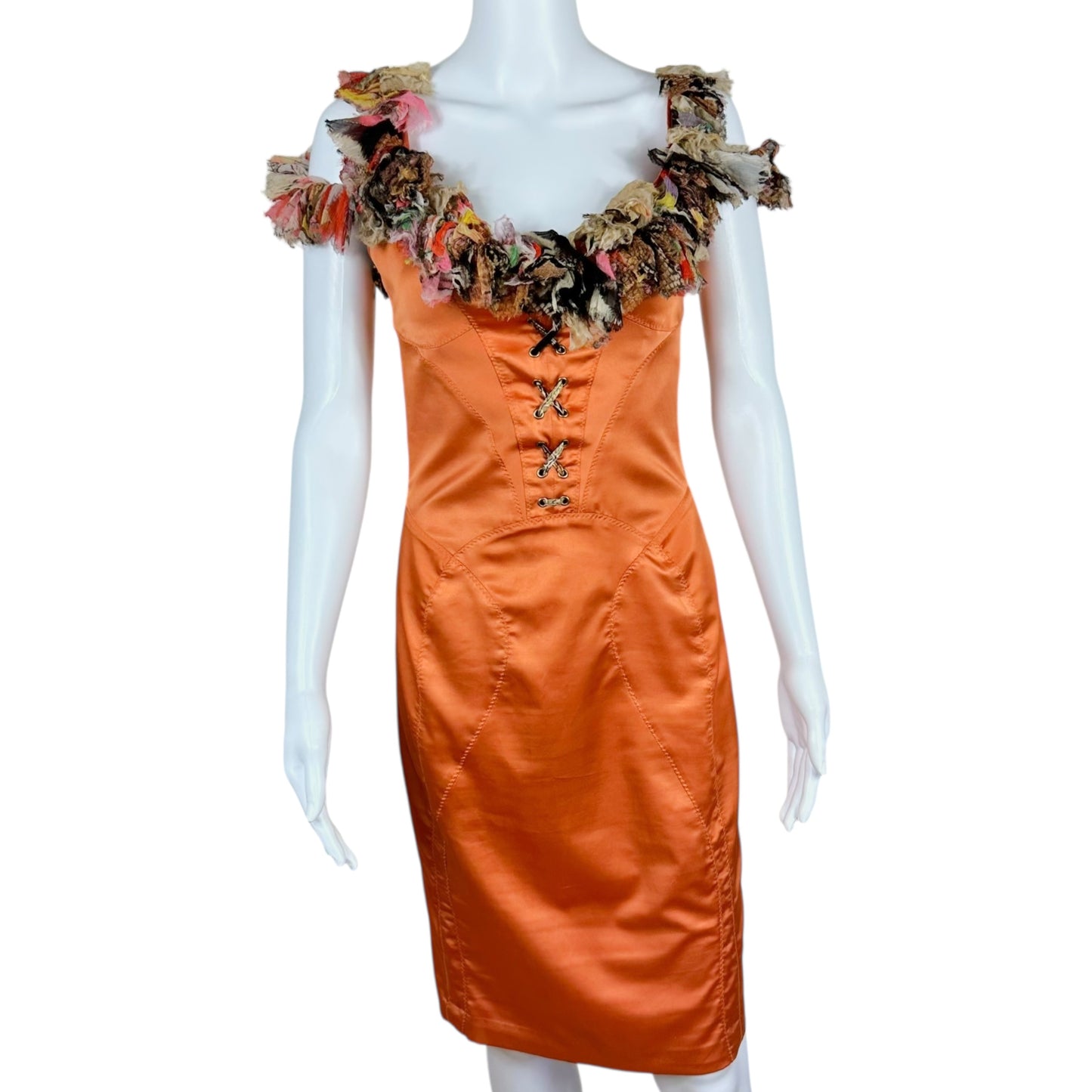 Just Cavalli Orange Silk Ruffle Sleeve Midi Dress
