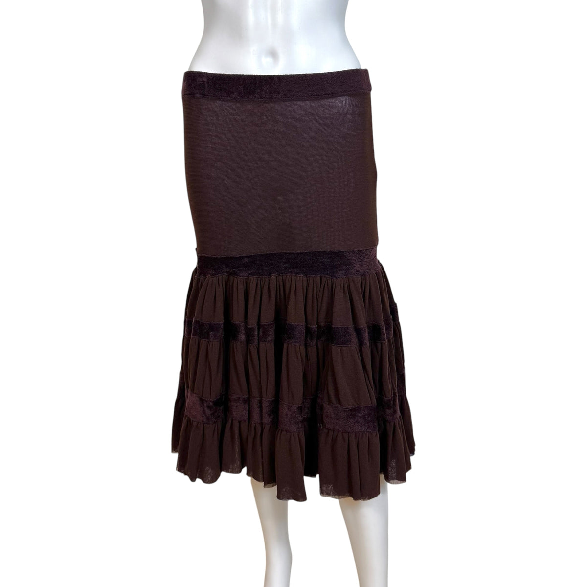 Jean Paul Gaultier Burgundy Mesh & Velvet Tiered Tutu Hem Midi Skirt