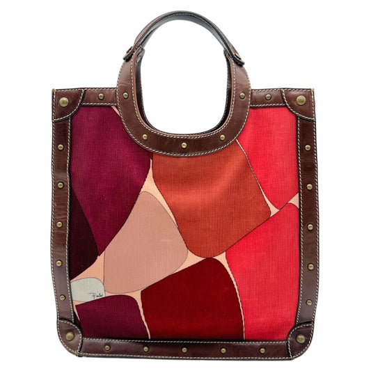 Emilio Pucci Studded Corduroy & Leather Printed Top Handle Tote Bag