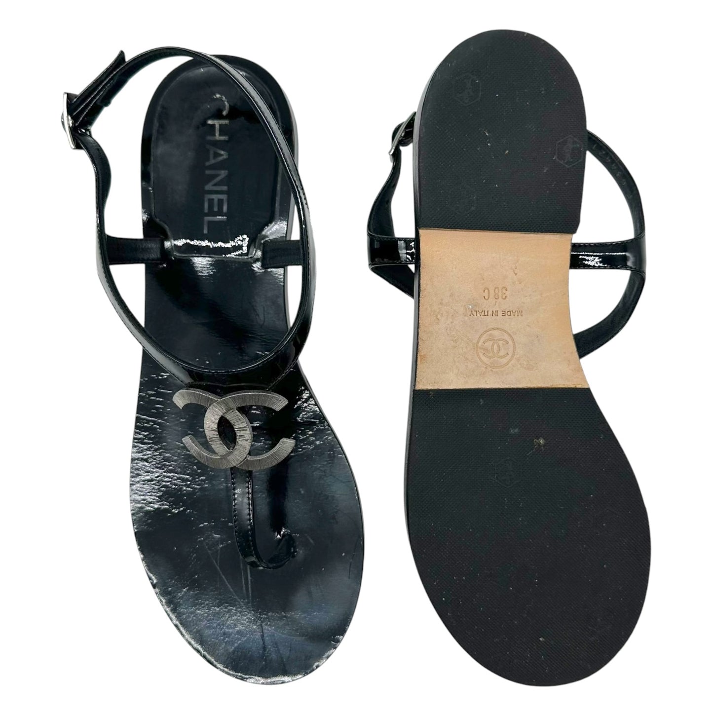 Chanel Black Patent Leather CC Logo Thong Sandals