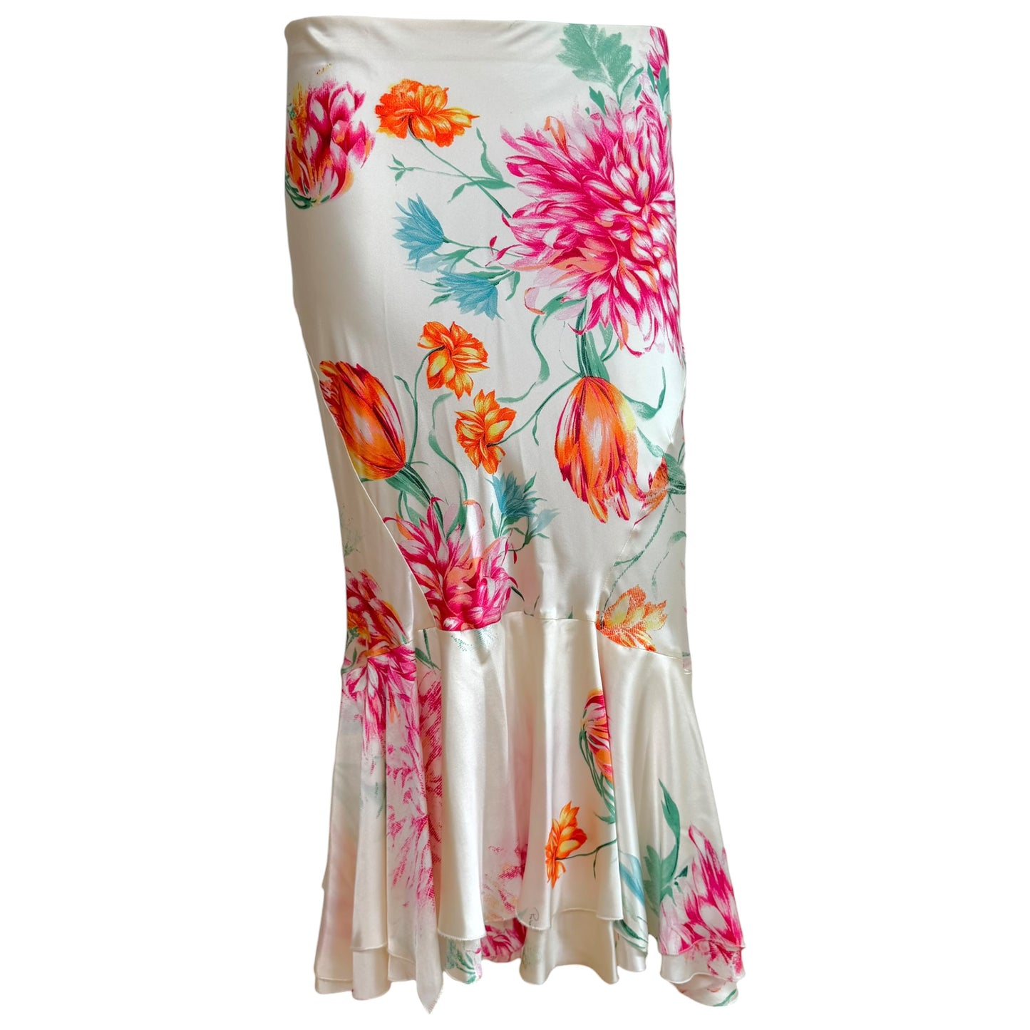 Roberto Cavalli White Multicolor Floral Print Mermaid Hem Silk Maxi Skirt