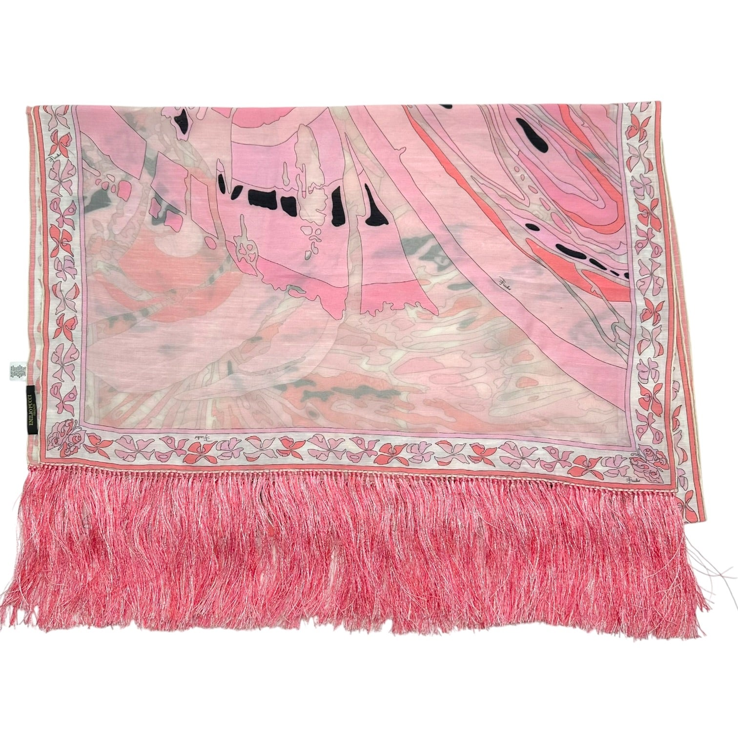 Emilio Pucci Pink White Printed Silk Fringe Trim Scarf