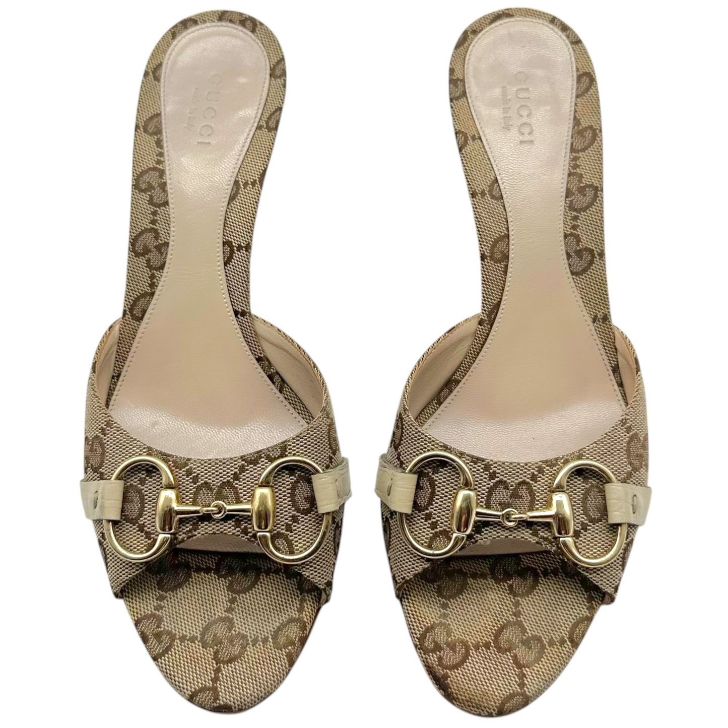 Gucci Tan Monogram Horsebit Heeled Mule Sandals