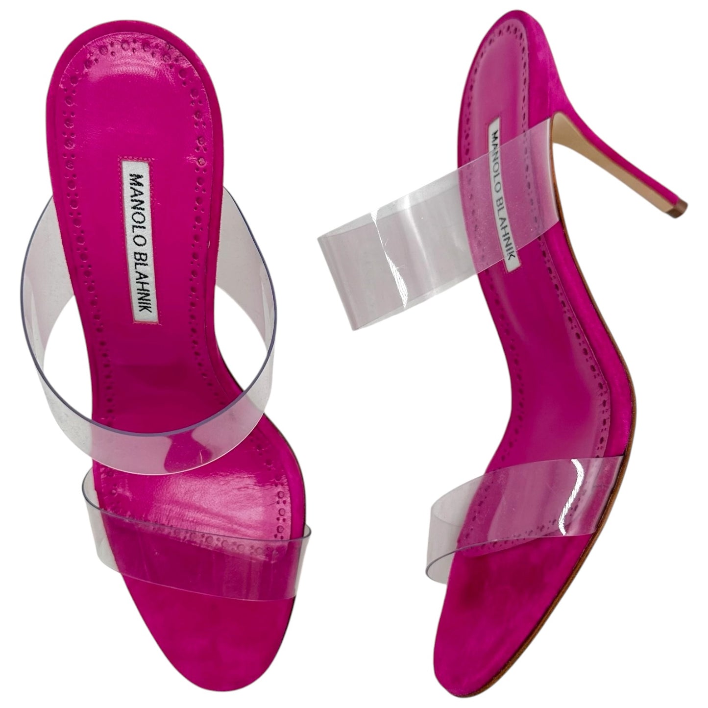 Manolo Blahnik Hot Pink Suede & Clear PVC Sandal Heels