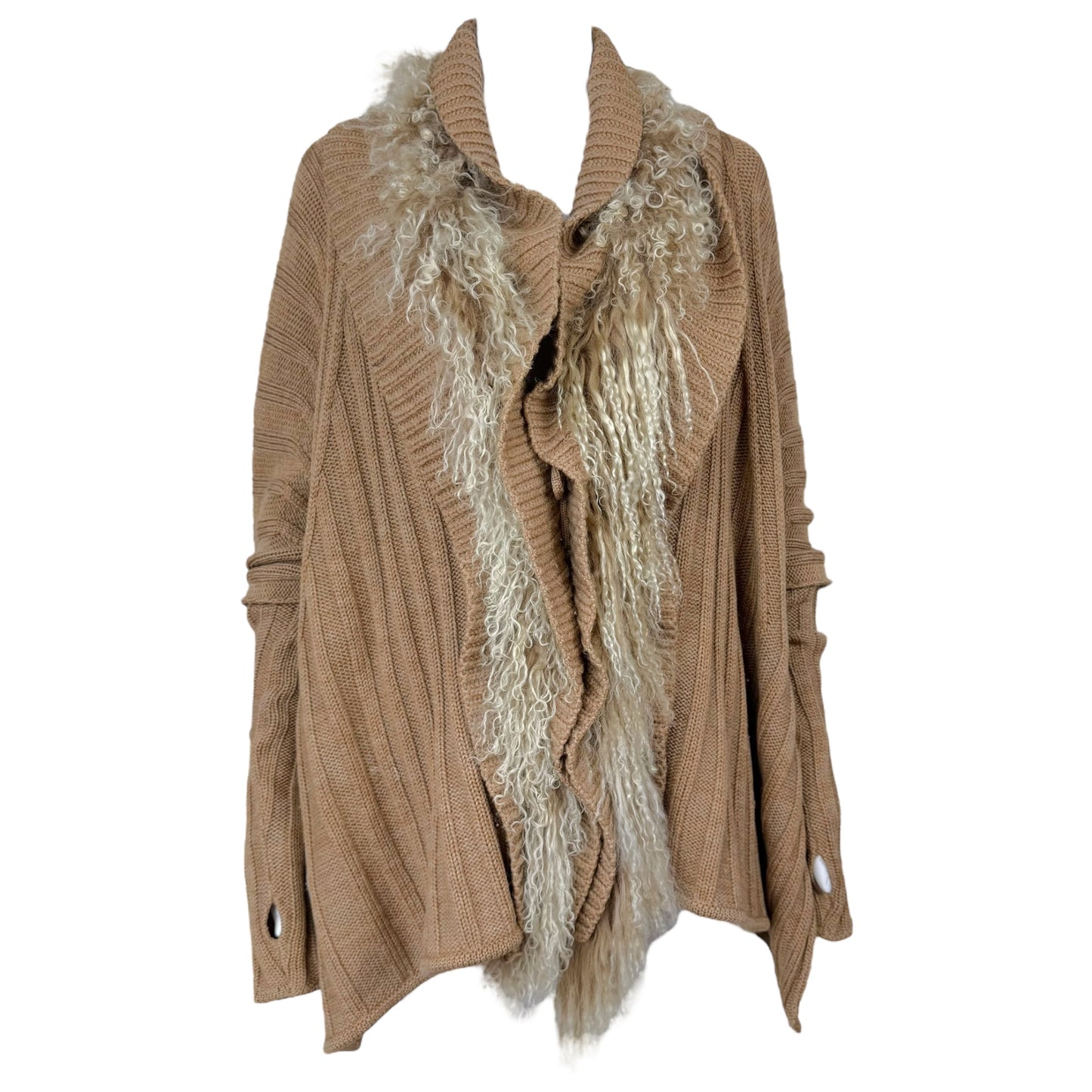 Roberto Cavalli Class Tan Mongolian Sheep Fur Trim Oversized Cardigan