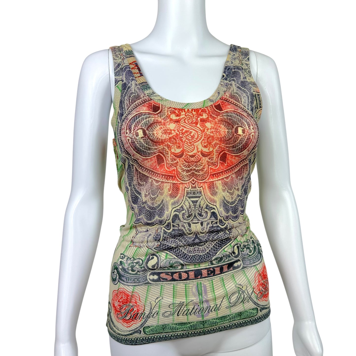 Jean Paul Gaultier Soleil Multicolor Currency Print Mesh Tank