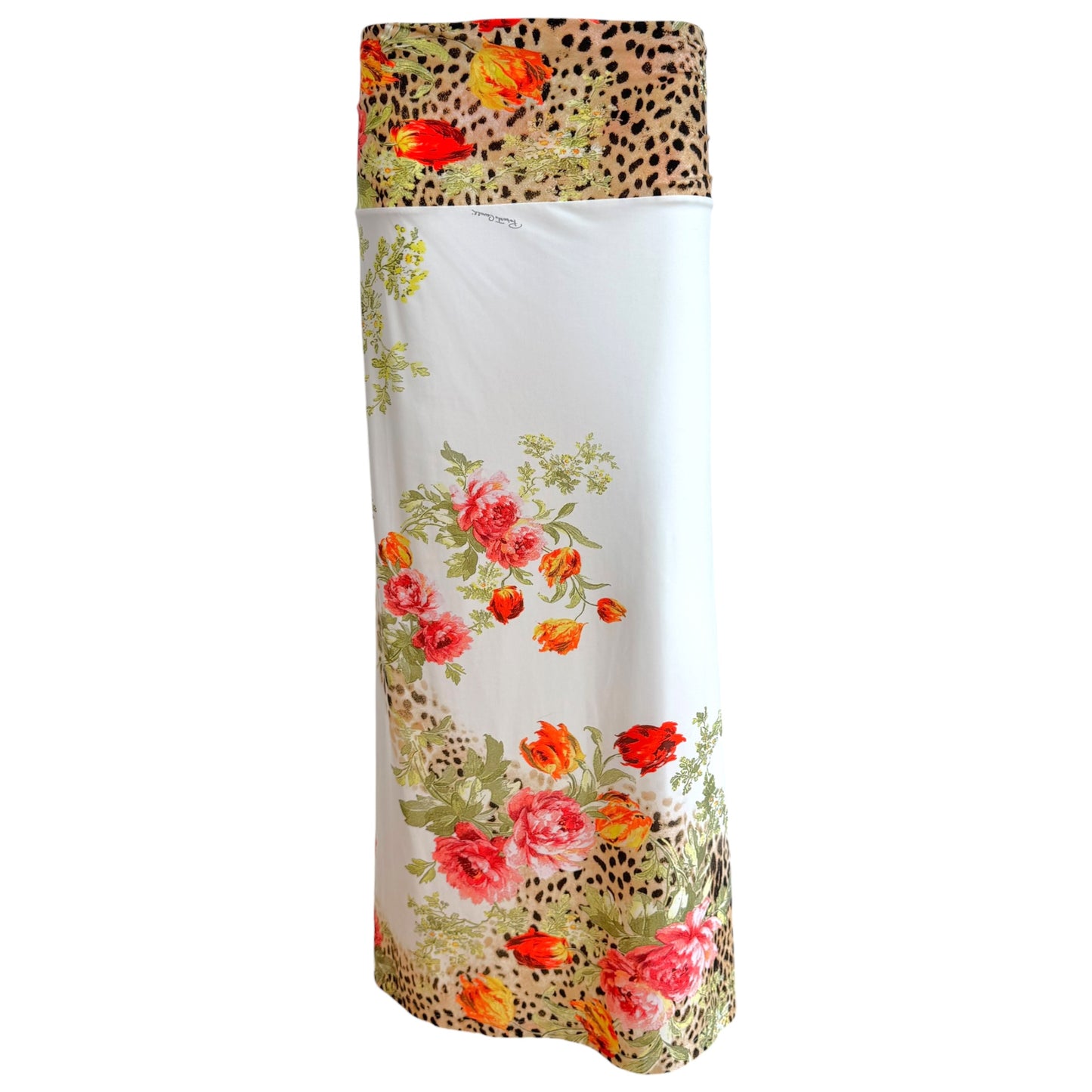 Roberto Cavalli White Leopard & Rose Floral Print Fold-Over Midi Skirt