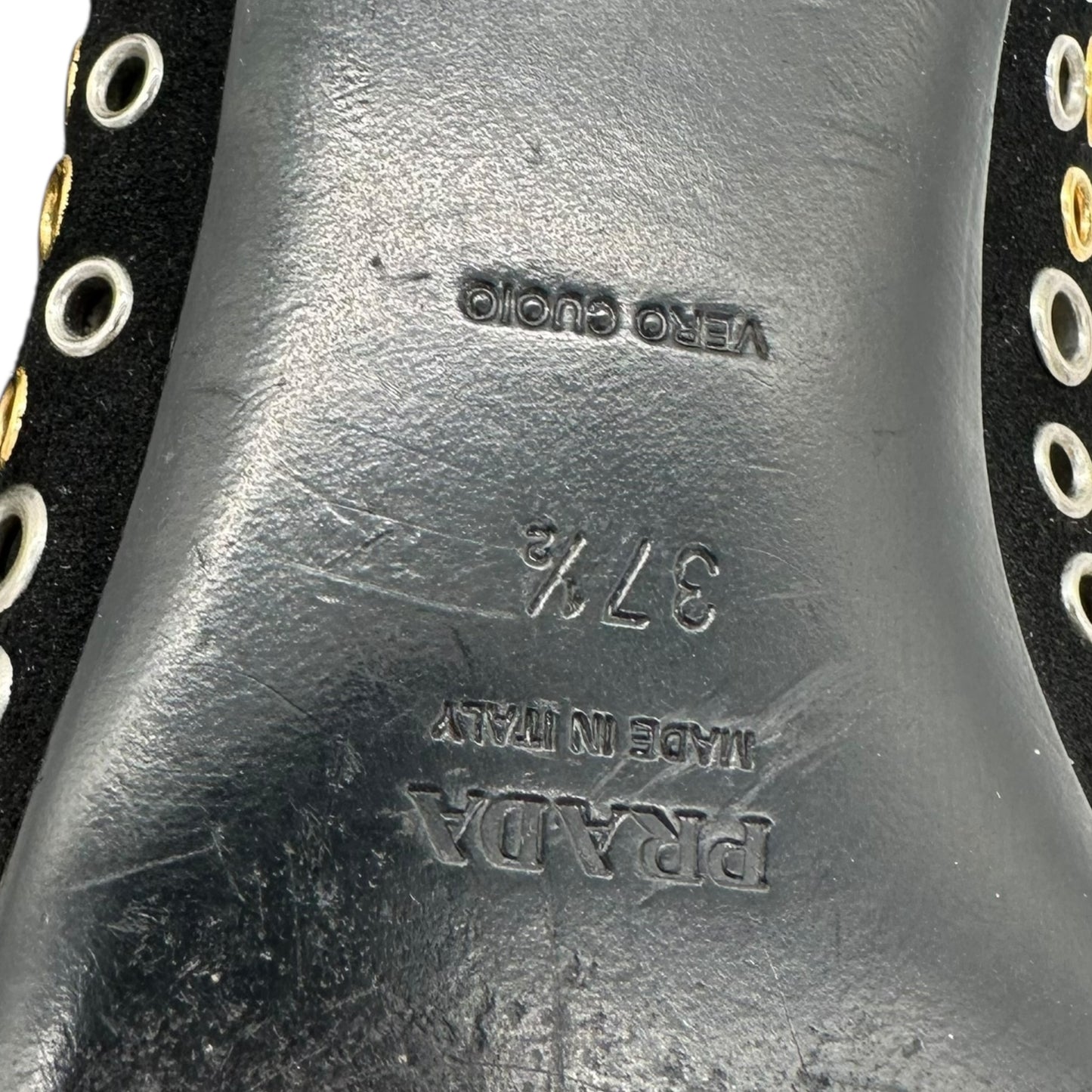 Prada Black Gold & Silver Rivet Embellished Suede Flats