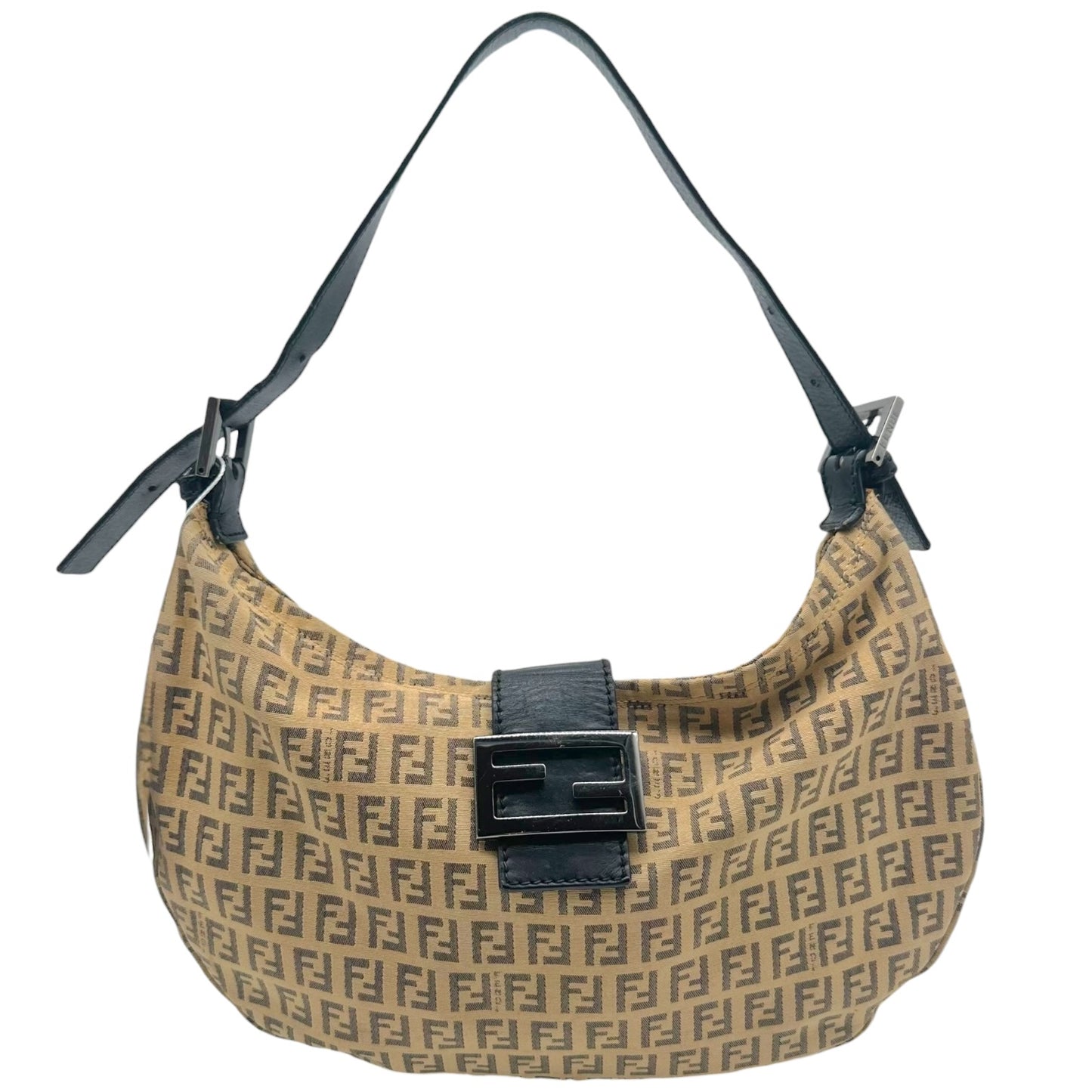 Fendi Crescent Baguette Bag Beige Black Zucchino Monogram